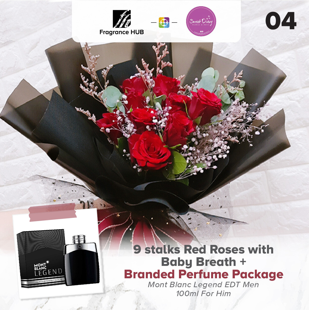 9 stalks Red Roses with Baby Breath + Fragrance Hub Branded Perfume (By: Sweet Diary from Puchong)