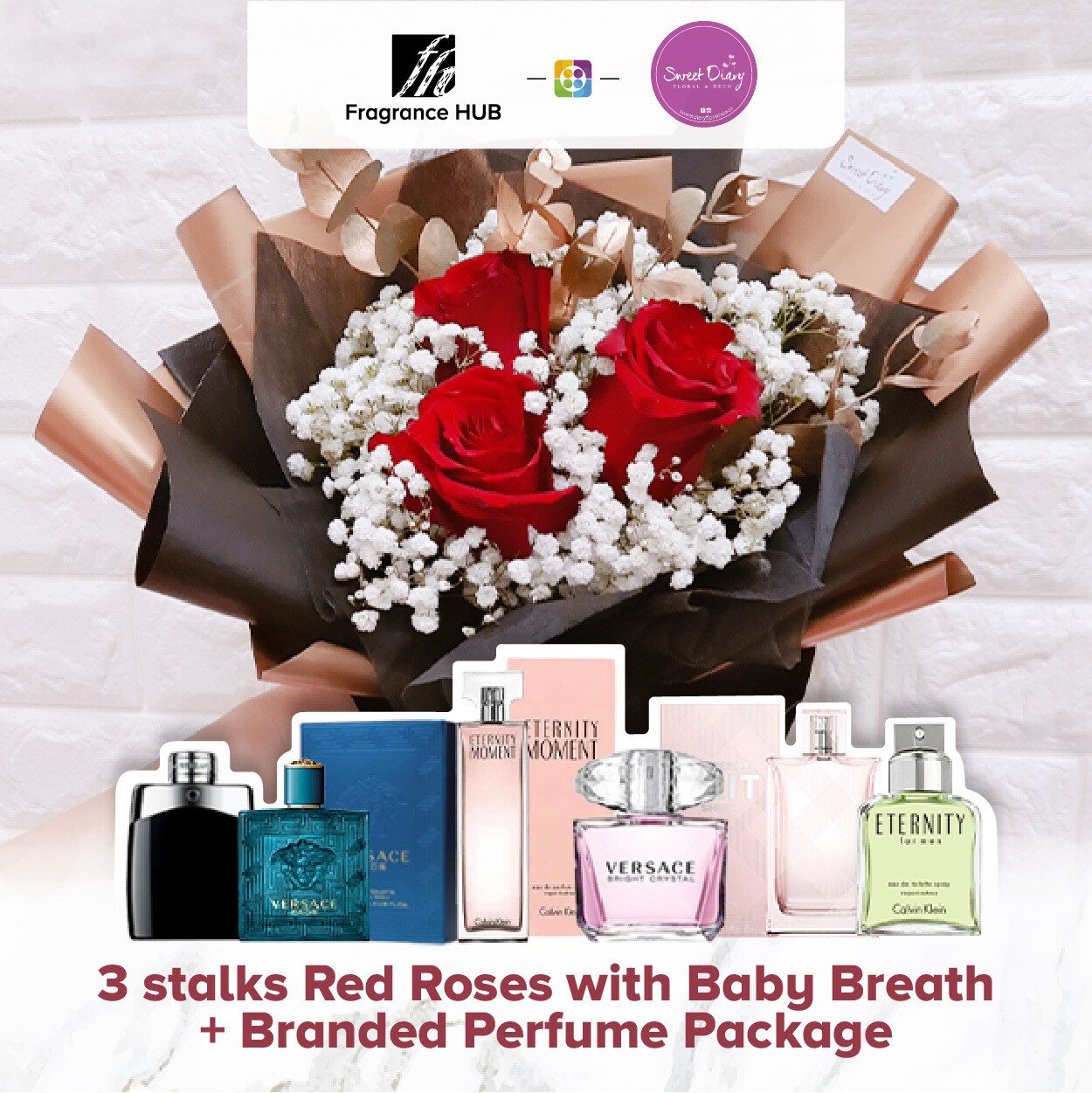 3 stalks Red Roses with Baby Breath + Fragrance Hub Branded Perfume (By: Sweet Diary from Puchong)