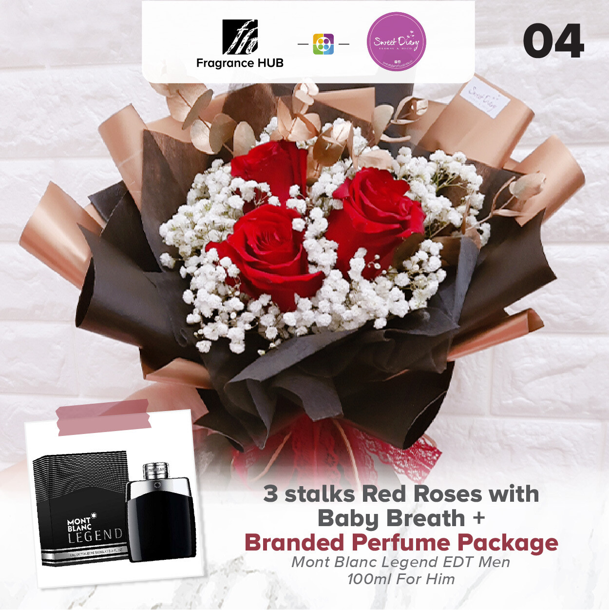3 stalks Red Roses with Baby Breath + Fragrance Hub Branded Perfume (By: Sweet Diary from Puchong)