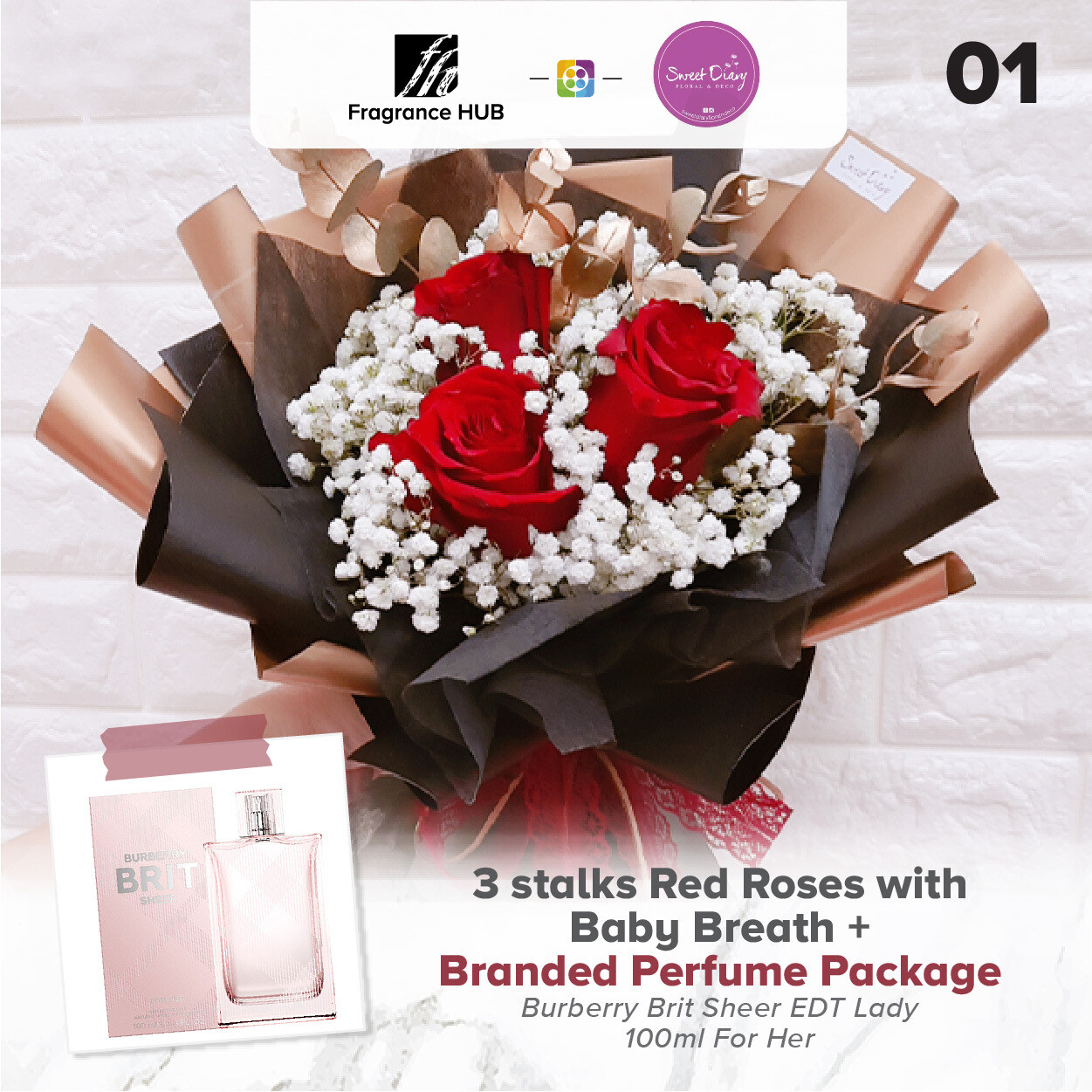 3 stalks Red Roses with Baby Breath + Fragrance Hub Branded Perfume (By: Sweet Diary from Puchong)