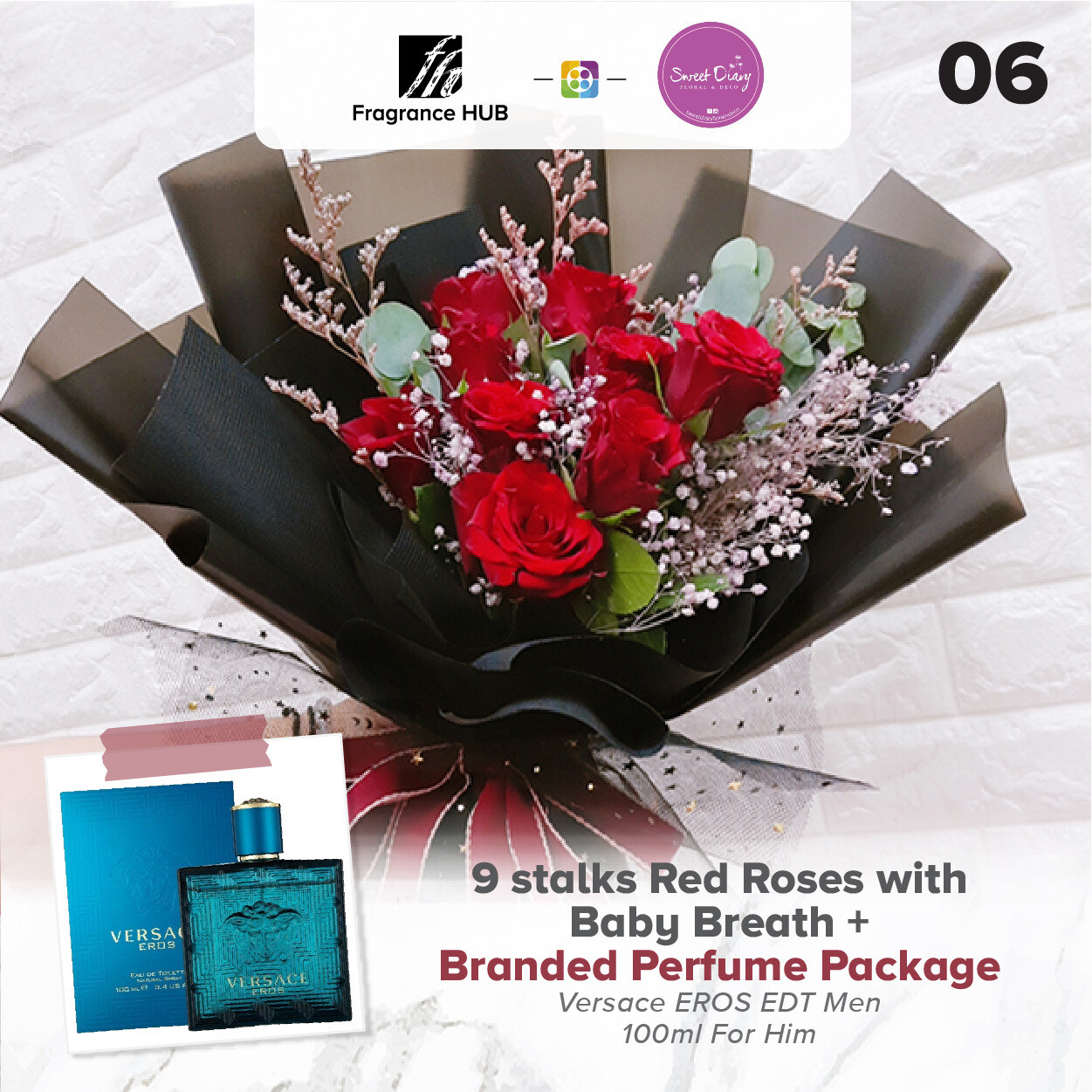 9 stalks Red Roses with Baby Breath + Fragrance Hub Branded Perfume (By: Sweet Diary from Puchong)