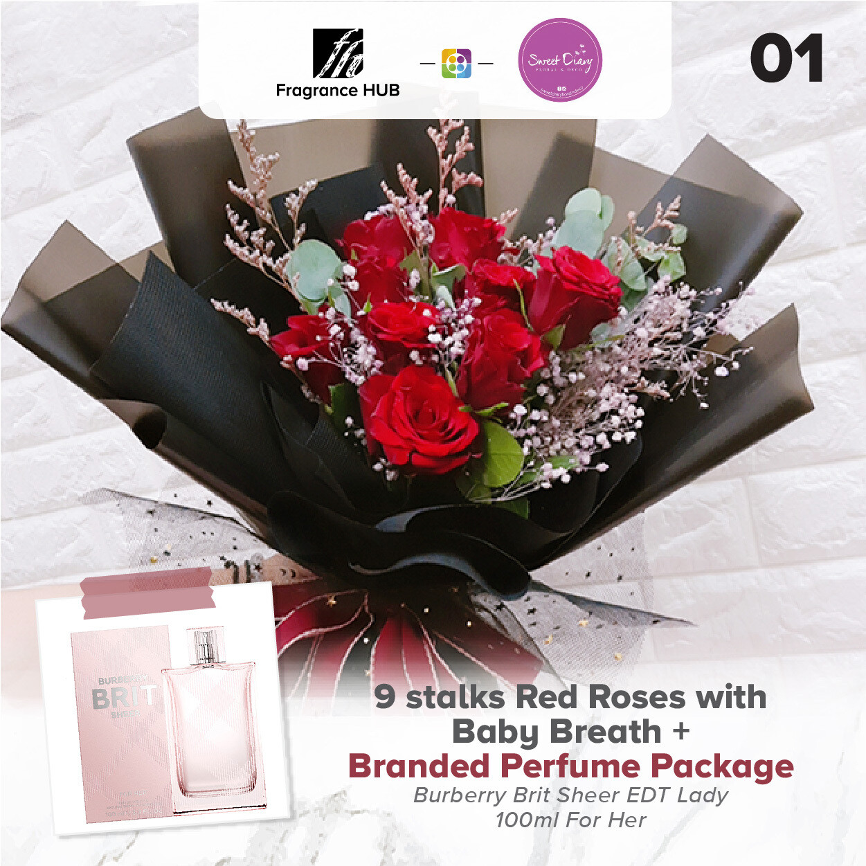 9 stalks Red Roses with Baby Breath + Fragrance Hub Branded Perfume (By: Sweet Diary from Puchong)