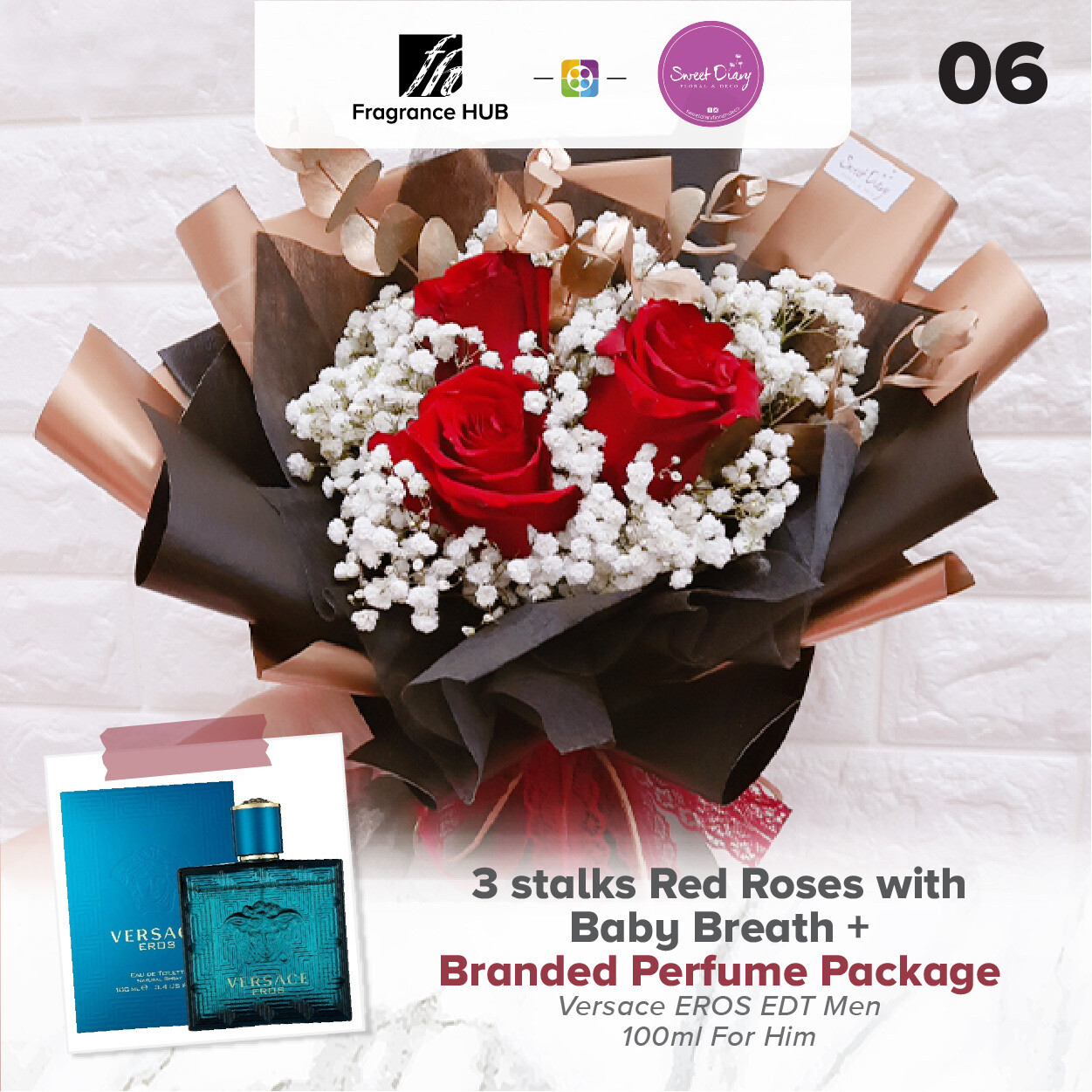 3 stalks Red Roses with Baby Breath + Fragrance Hub Branded Perfume (By: Sweet Diary from Puchong)
