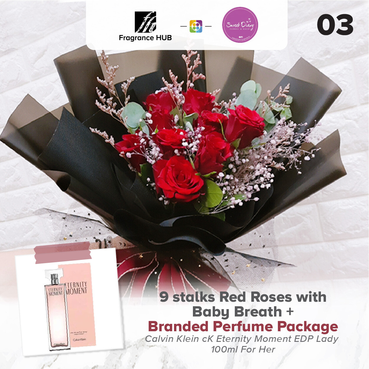 9 stalks Red Roses with Baby Breath + Fragrance Hub Branded Perfume (By: Sweet Diary from Puchong)