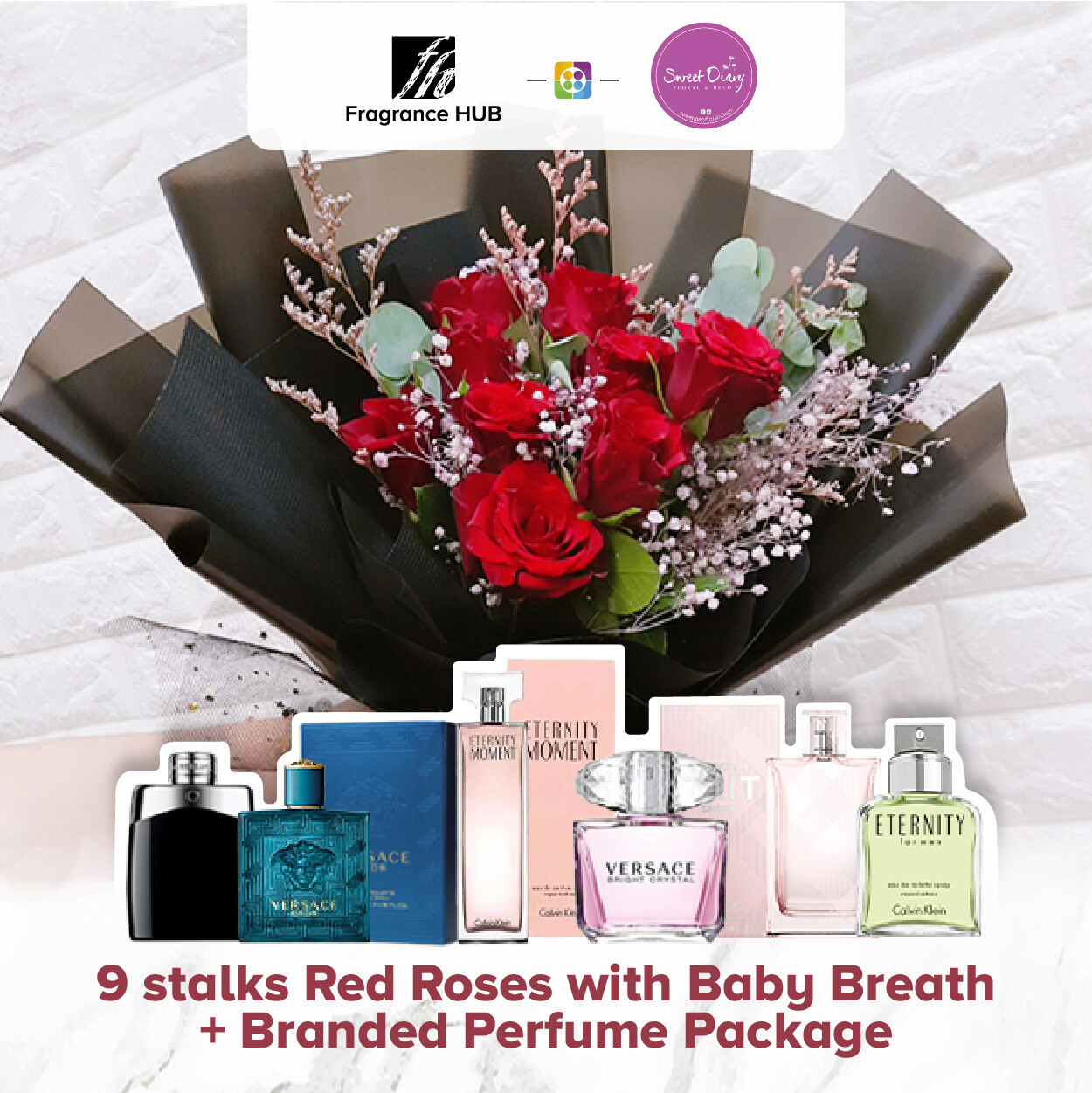 9 stalks Red Roses with Baby Breath + Fragrance Hub Branded Perfume (By: Sweet Diary from Puchong)