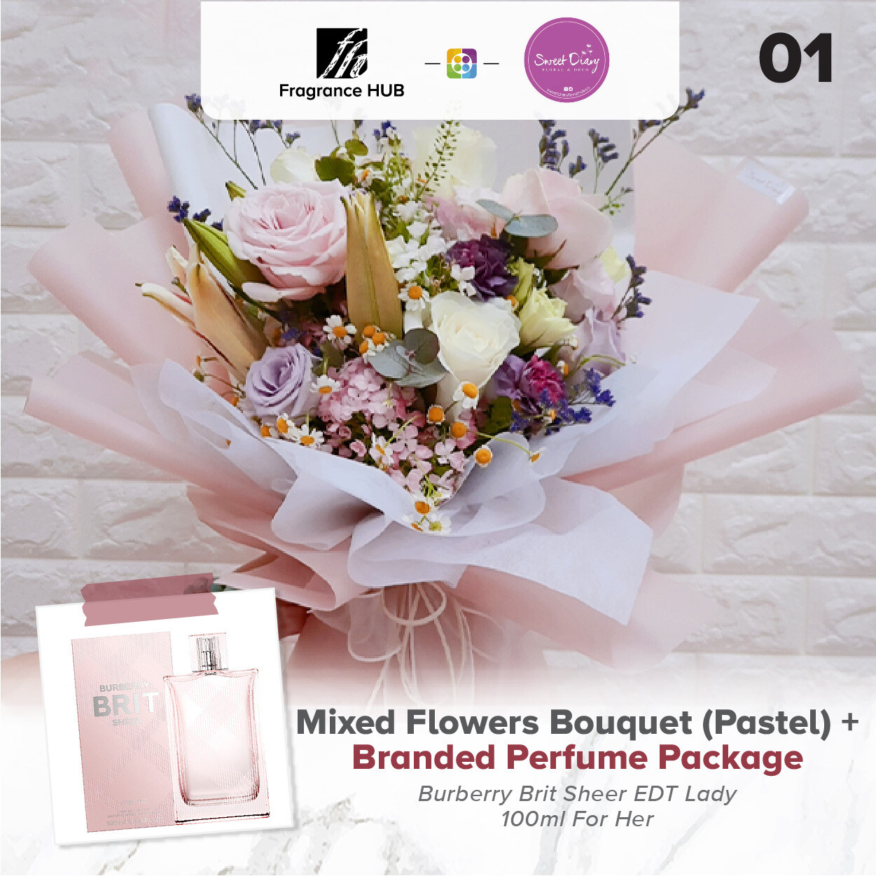 Mixed Flowers Bouquet (Pastel)  + Fragrance Hub Branded Perfume (By: Sweet Diary from Puchong)