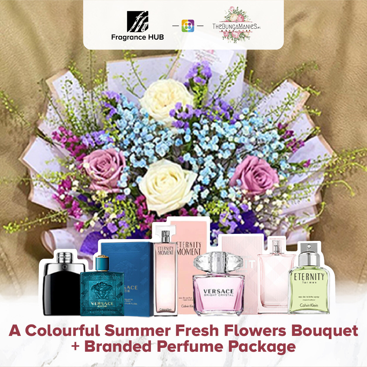 A Colourful Summer Fresh Flowers Bouquet + Fragrance Hub Branded Perfume (By: The Bunga Manies from Bintulu)