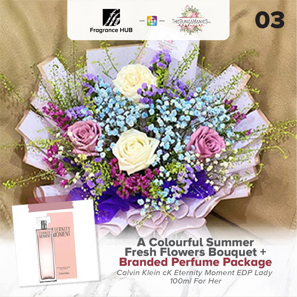 A Colourful Summer Fresh Flowers Bouquet + Fragrance Hub Branded Perfume (By: The Bunga Manies from Bintulu)