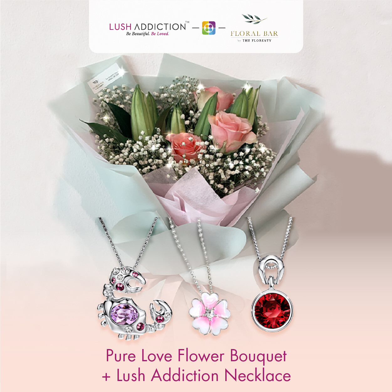 Pure Love Flowers Bouquet + Lush Addiction Necklace (By: Floral Bar By The Florestry from JB)