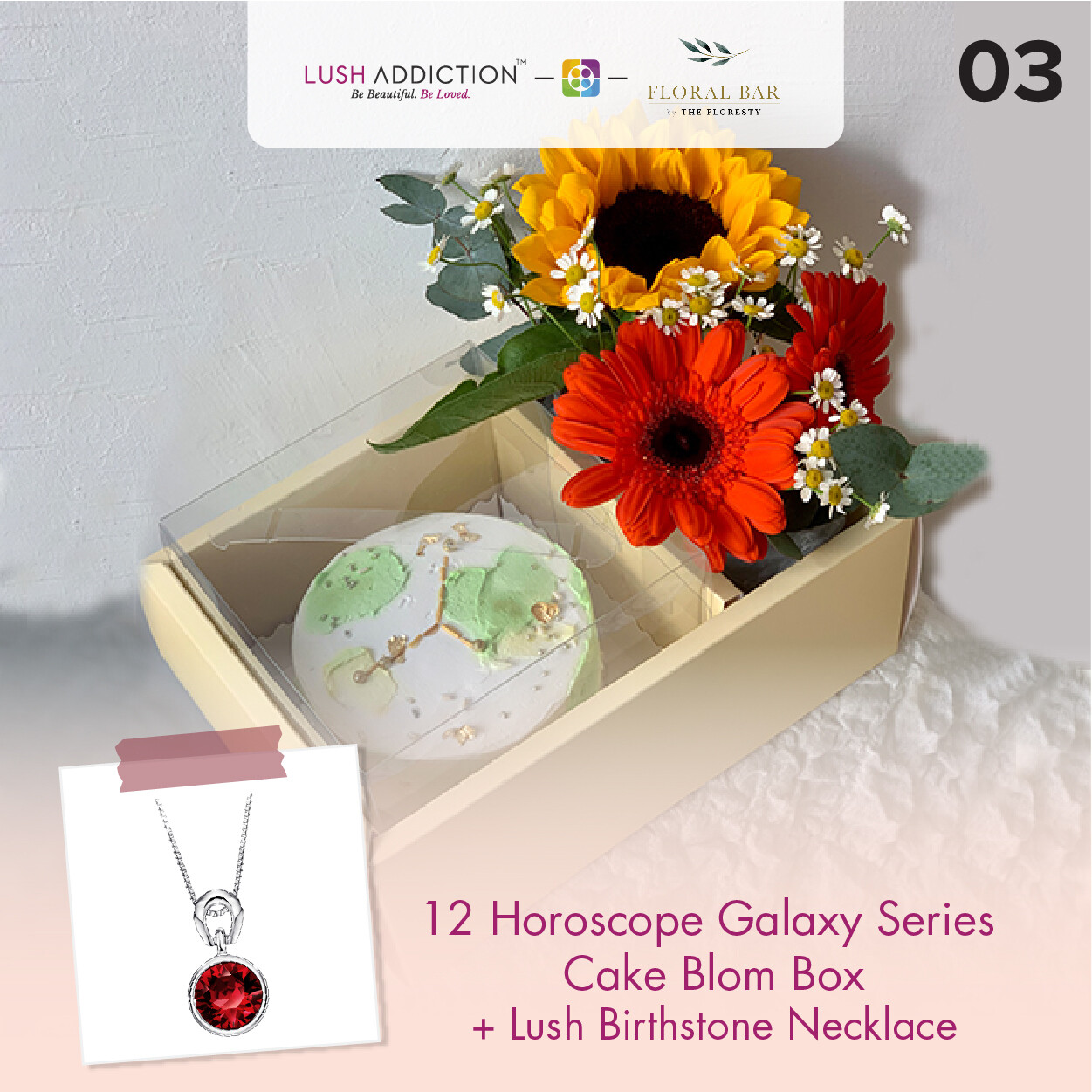 Cancer Horoscope Cake With Flower Box + Lush Addiction Necklace (By: Floral Bar By The Florestry from JB)