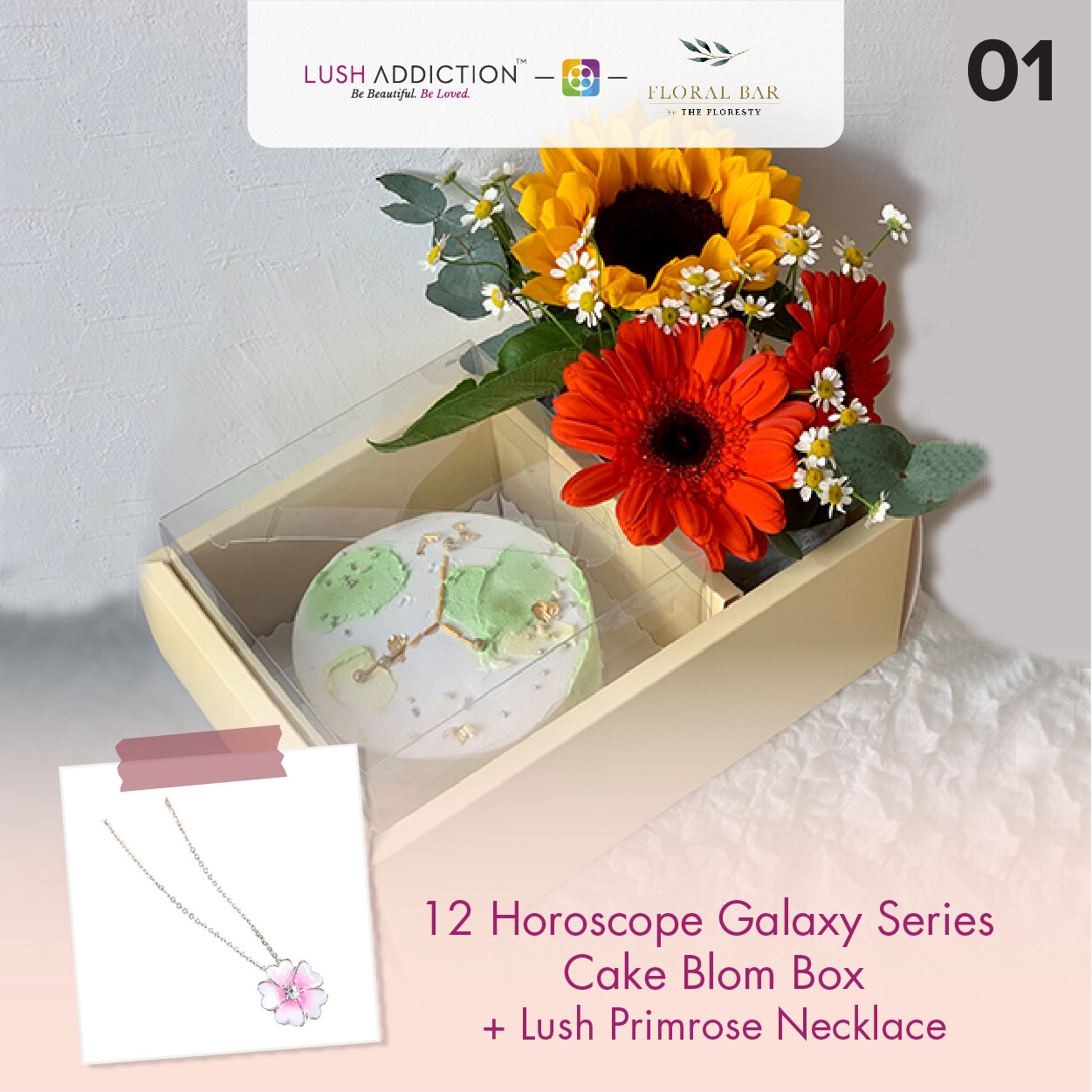Cancer Horoscope Cake With Flower Box + Lush Addiction Necklace (By: Floral Bar By The Florestry from JB)