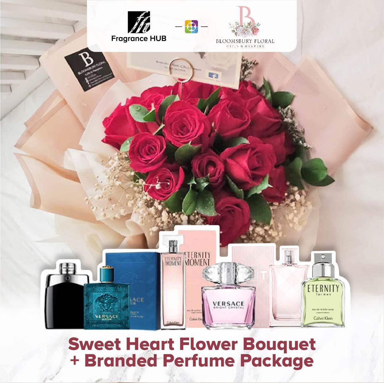 Sweet Heart Flower Bouquet + Fragrance Hub Branded Perfume (By: Bloomsbury from Puchong)