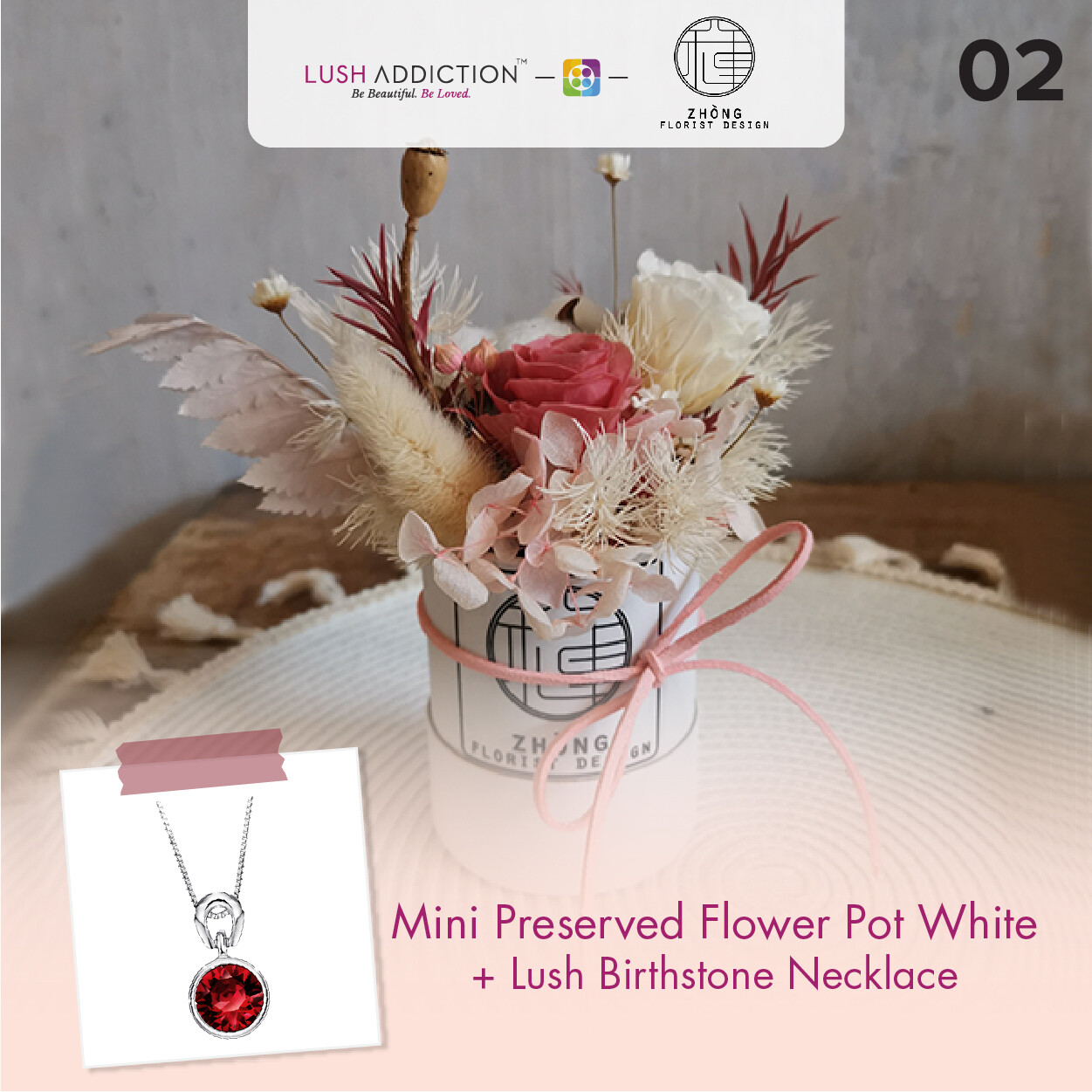 Mini Preserved Flower Pot - White+ Lush Addiction Necklace (By: Zhong Florist from Penang)