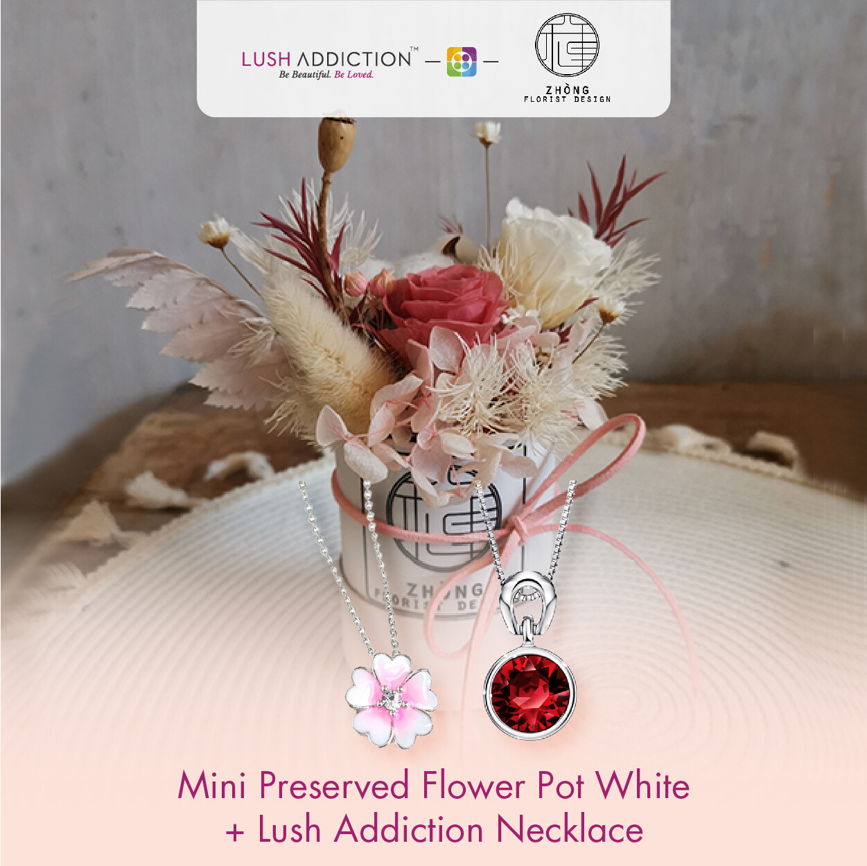 Mini Preserved Flower Pot - White+ Lush Addiction Necklace (By: Zhong Florist from Penang)