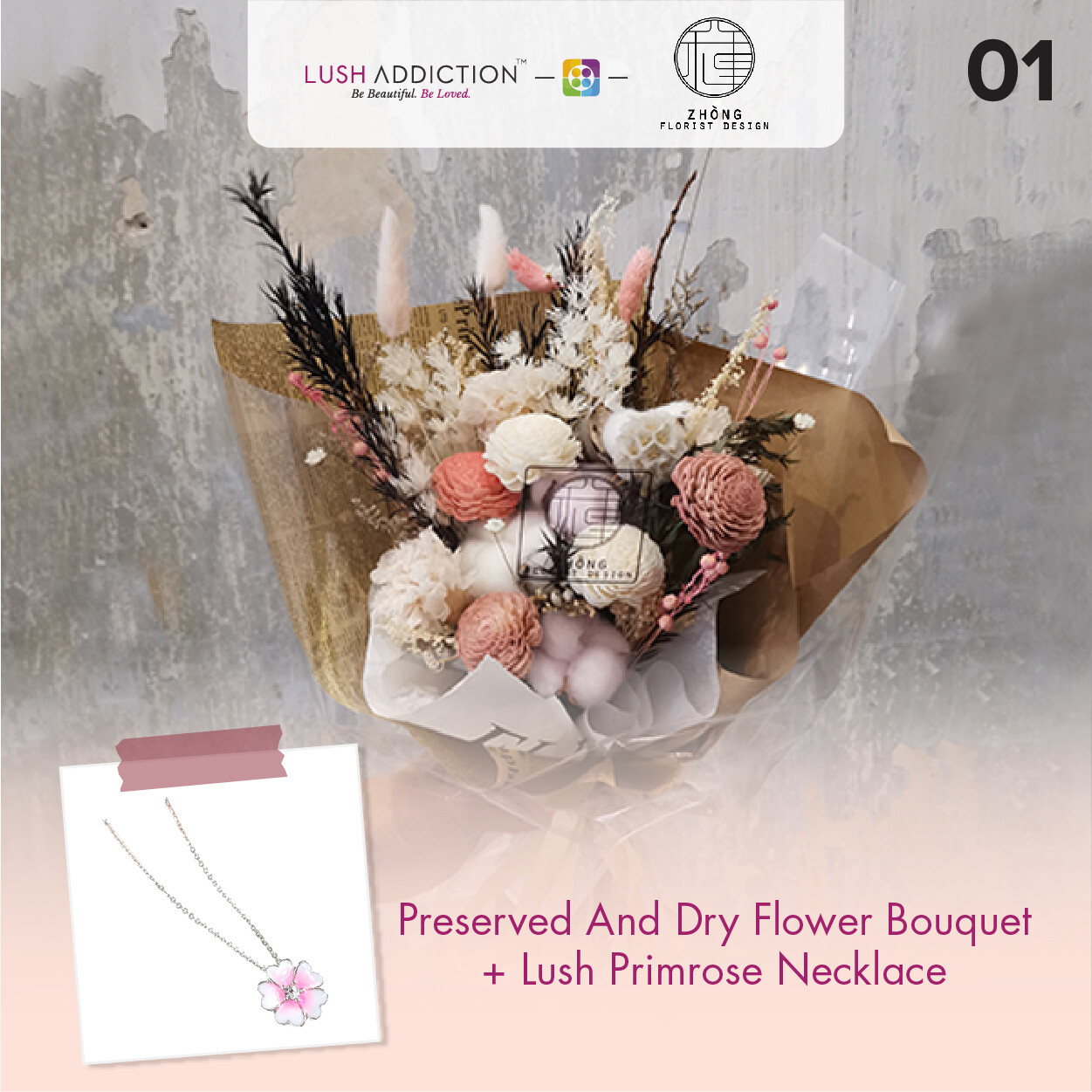 Preserved And Dry Flower Bouquet + Lush Addiction Necklace (By: Zhong Florist from Penang)