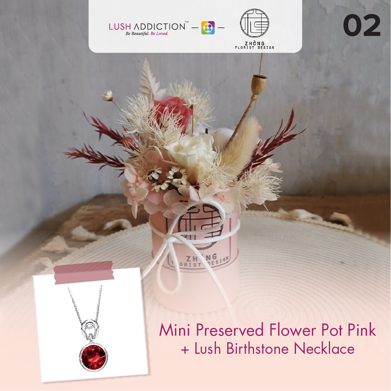 Mini Preserved Flower Pot - Pink + Lush Addiction Necklace (By: Zhong Florist from Penang)
