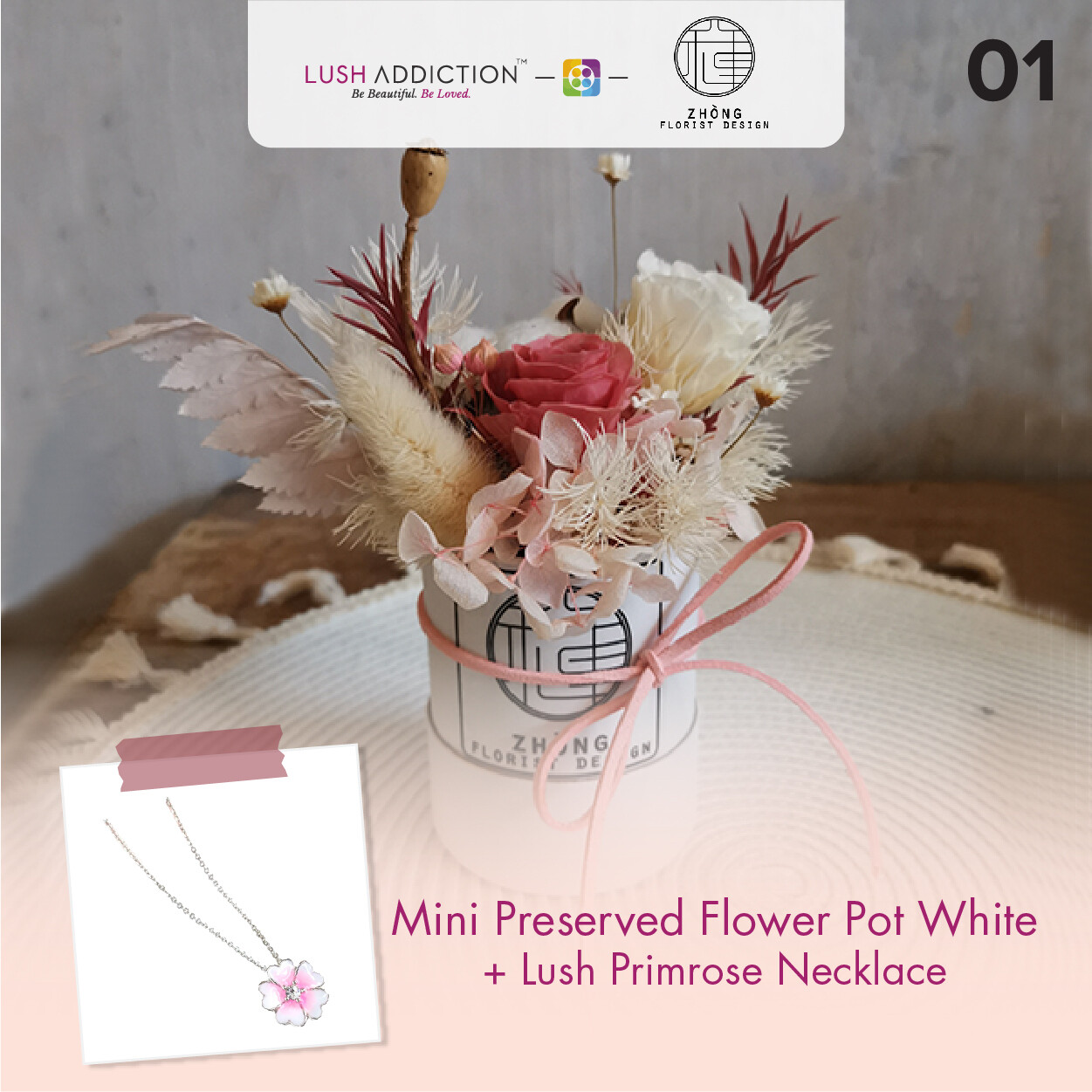 Mini Preserved Flower Pot - White+ Lush Addiction Necklace (By: Zhong Florist from Penang)