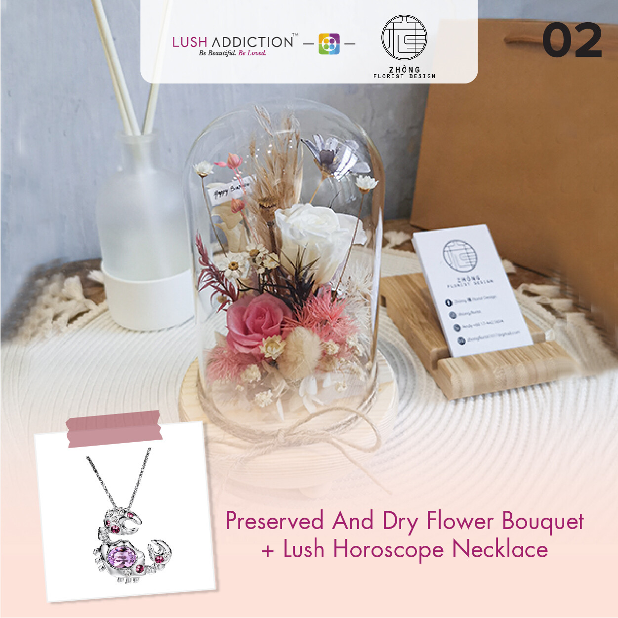 Preserved Flower In Bell Glass Jar  + Lush Addiction Necklace (By: Zhong Florist from Penang)