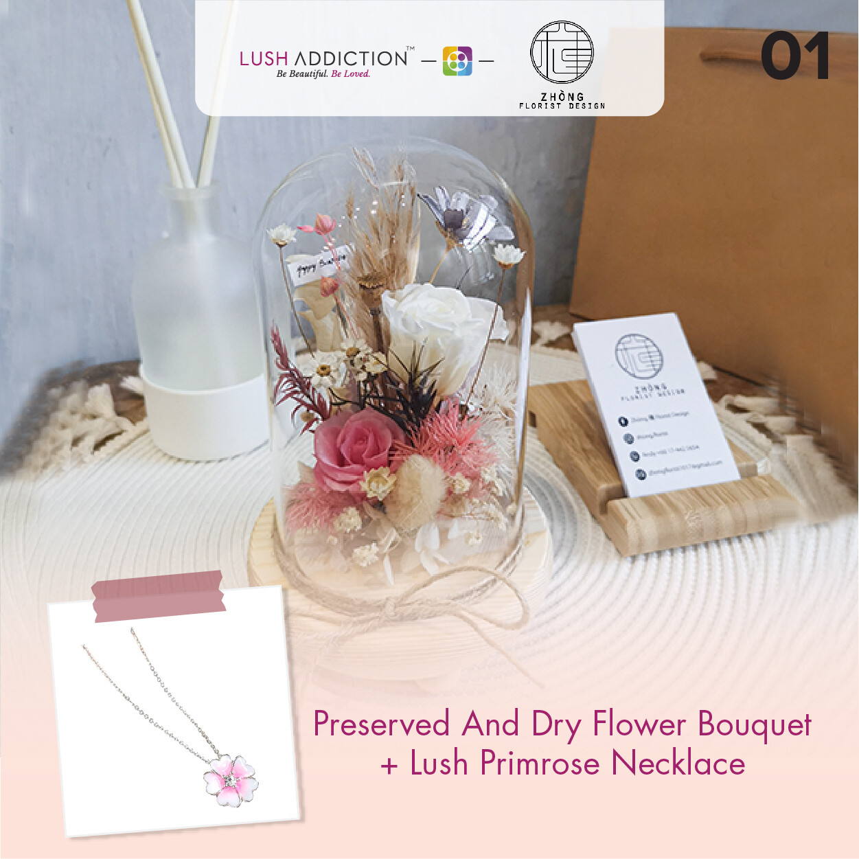 Preserved Flower In Bell Glass Jar  + Lush Addiction Necklace (By: Zhong Florist from Penang)