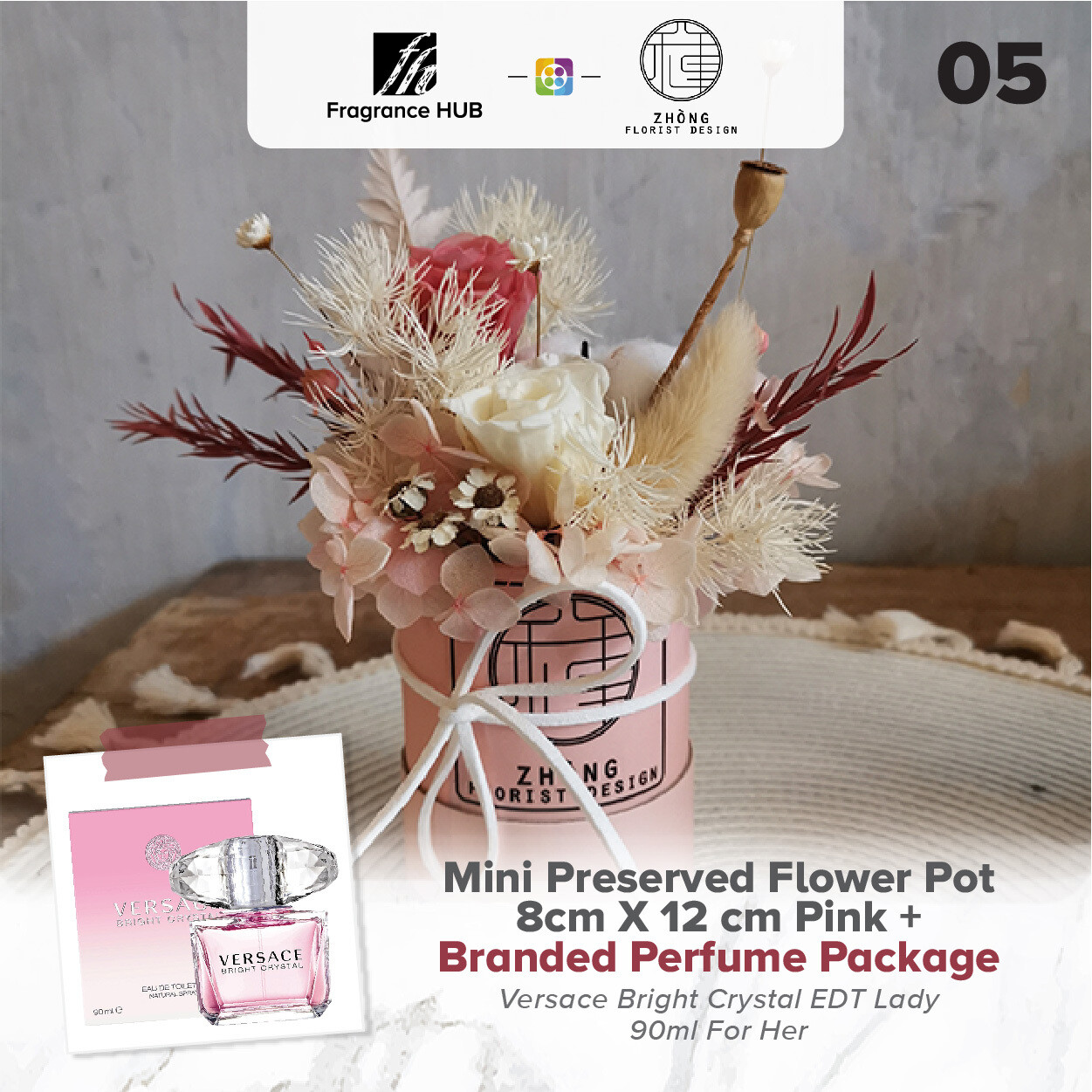 Mini Preserved Flower Pot - Pink  + Fragrance Hub Branded Perfume (By: Zhong Florist from Penang)