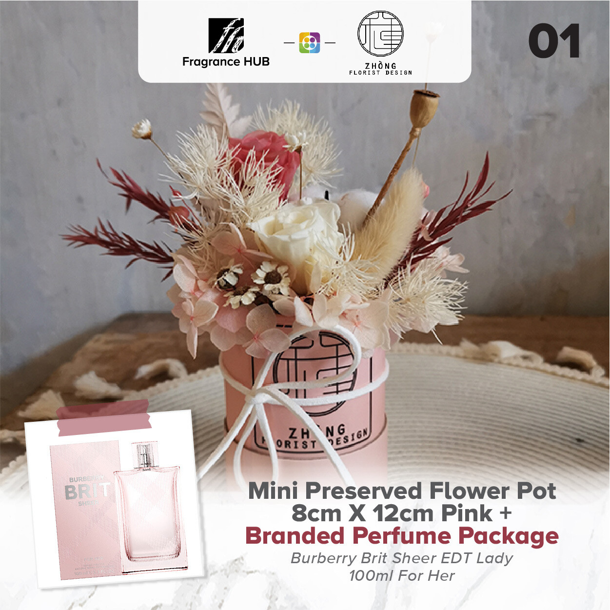 Mini Preserved Flower Pot - Pink  + Fragrance Hub Branded Perfume (By: Zhong Florist from Penang)