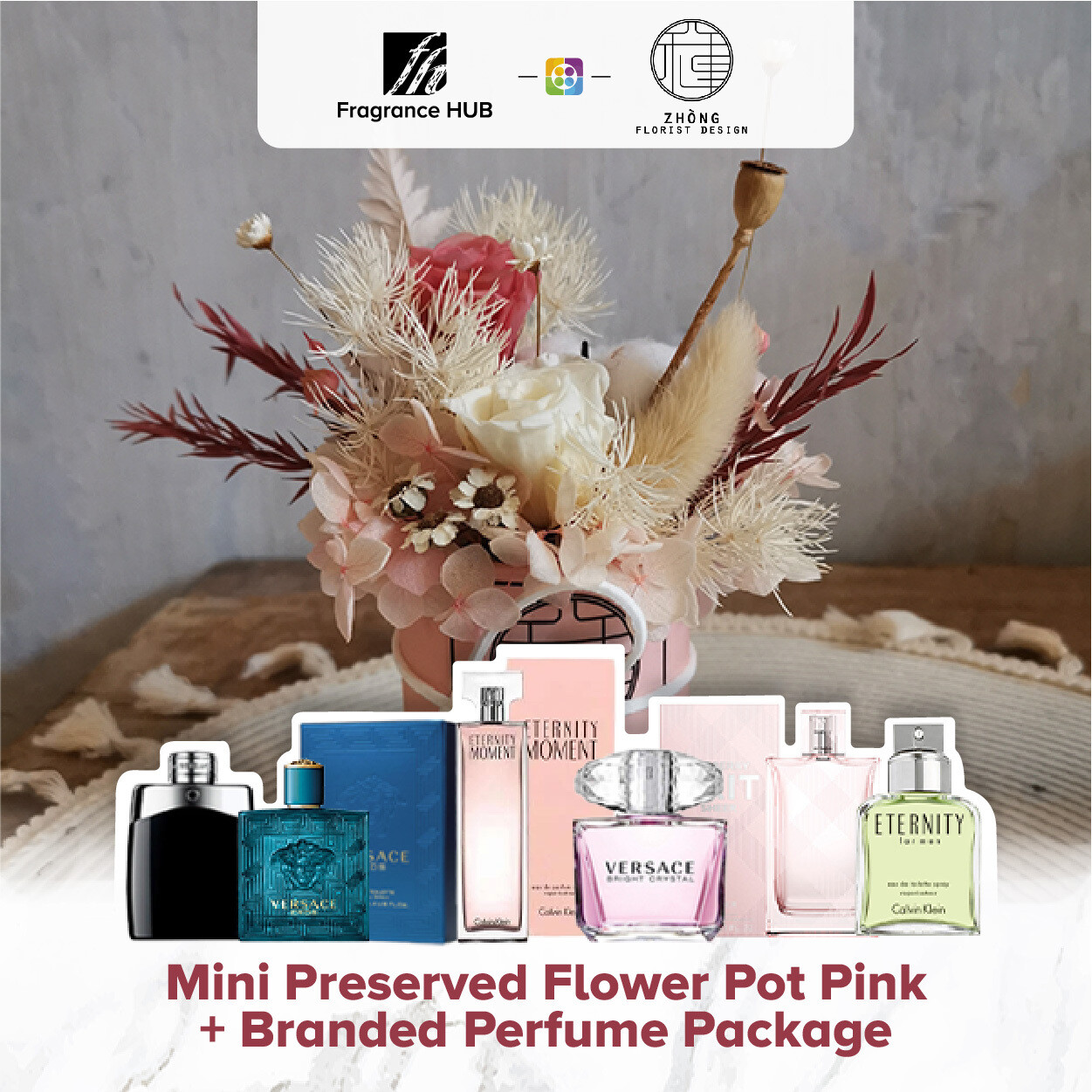 Mini Preserved Flower Pot - Pink  + Fragrance Hub Branded Perfume (By: Zhong Florist from Penang)