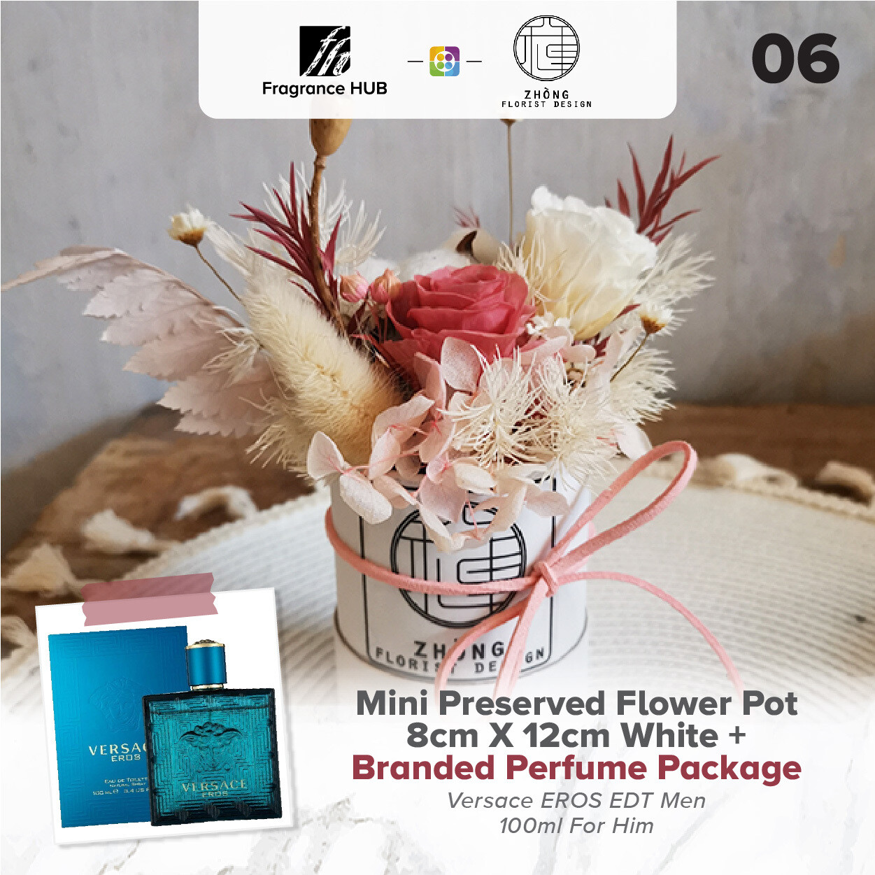Mini Preserved Flower Pot - White  + Fragrance Hub Branded Perfume (By: Zhong Florist from Penang)