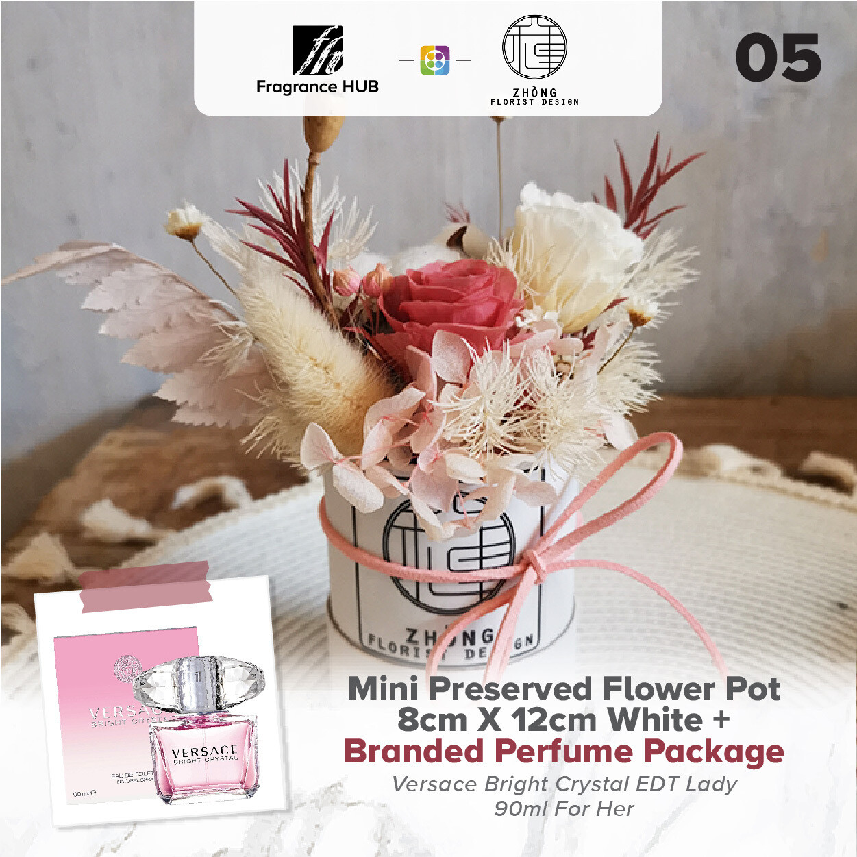 Mini Preserved Flower Pot - White  + Fragrance Hub Branded Perfume (By: Zhong Florist from Penang)