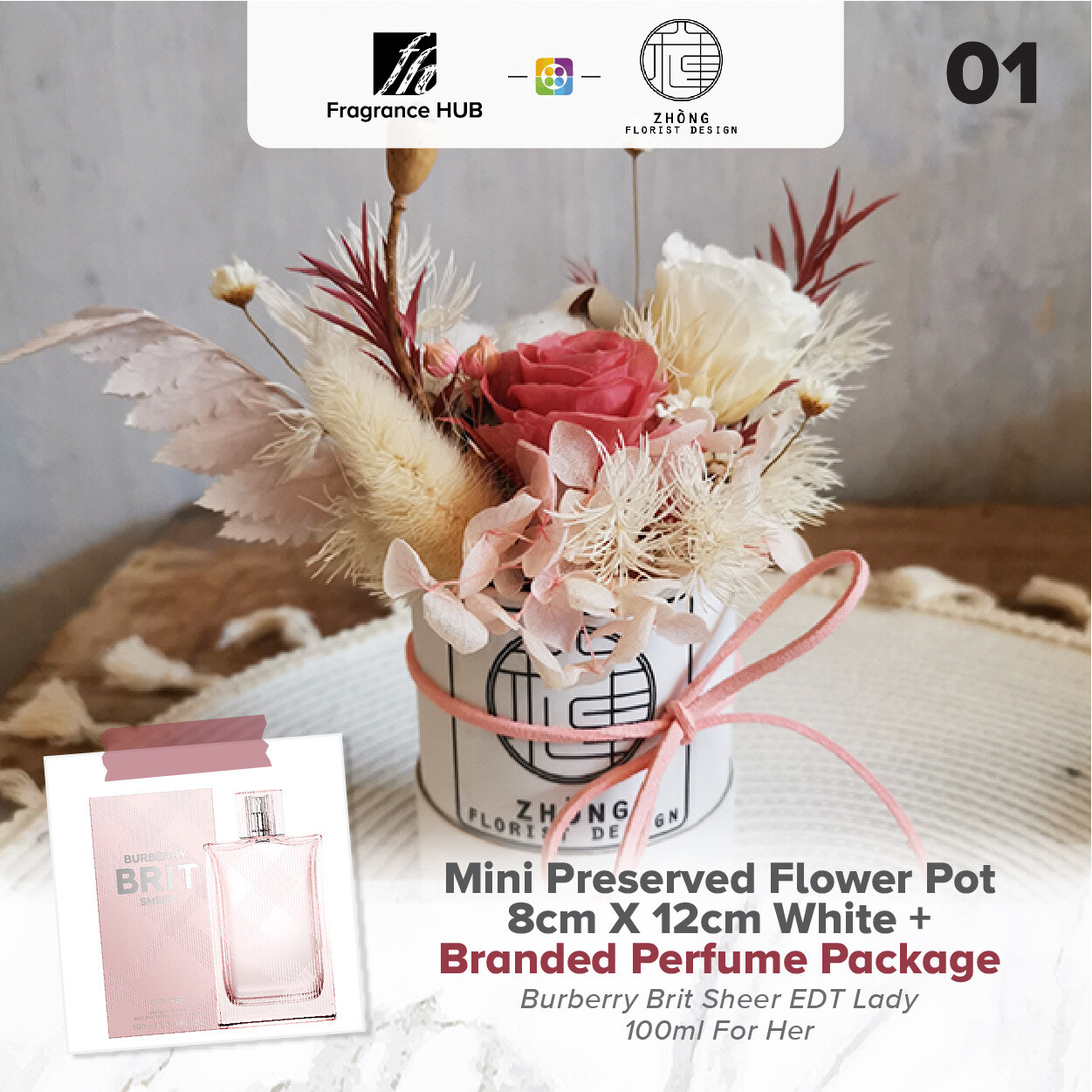 Mini Preserved Flower Pot - White  + Fragrance Hub Branded Perfume (By: Zhong Florist from Penang)