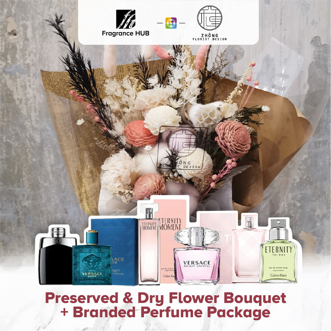 Preserved And Dry Flower Bouquet  + Fragrance Hub Branded Perfume (By: Zhong Florist from Penang)