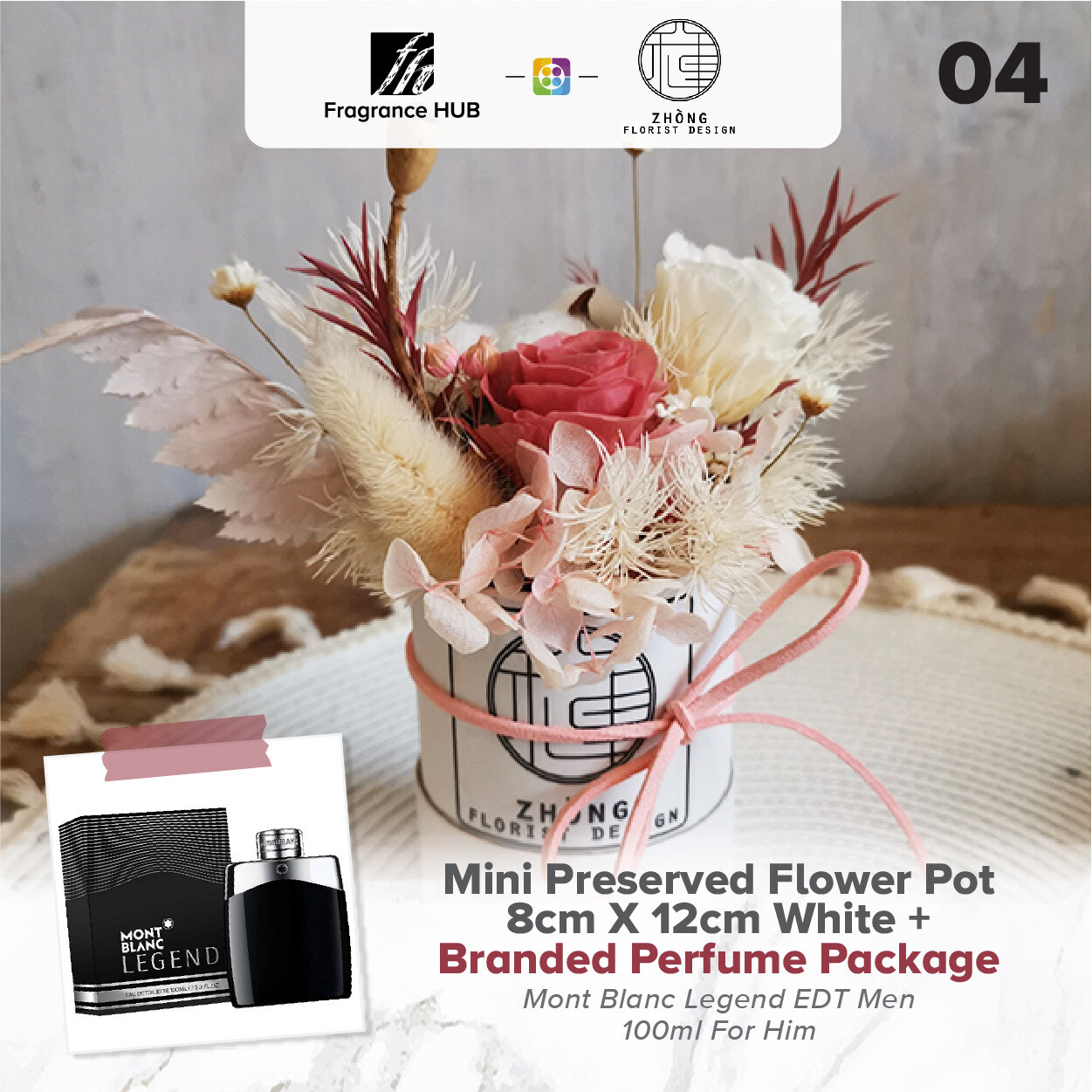 Mini Preserved Flower Pot - White  + Fragrance Hub Branded Perfume (By: Zhong Florist from Penang)