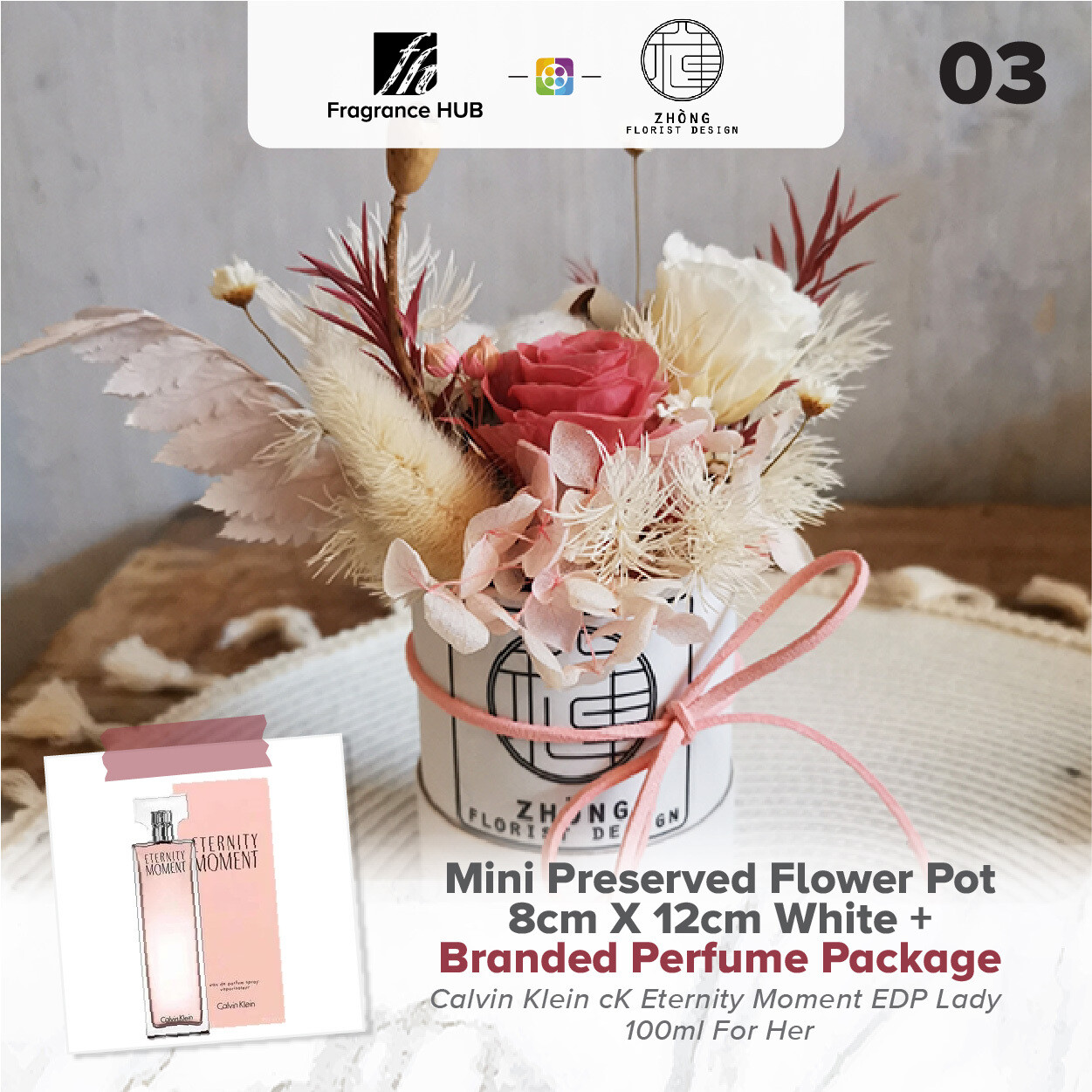 Mini Preserved Flower Pot - White  + Fragrance Hub Branded Perfume (By: Zhong Florist from Penang)