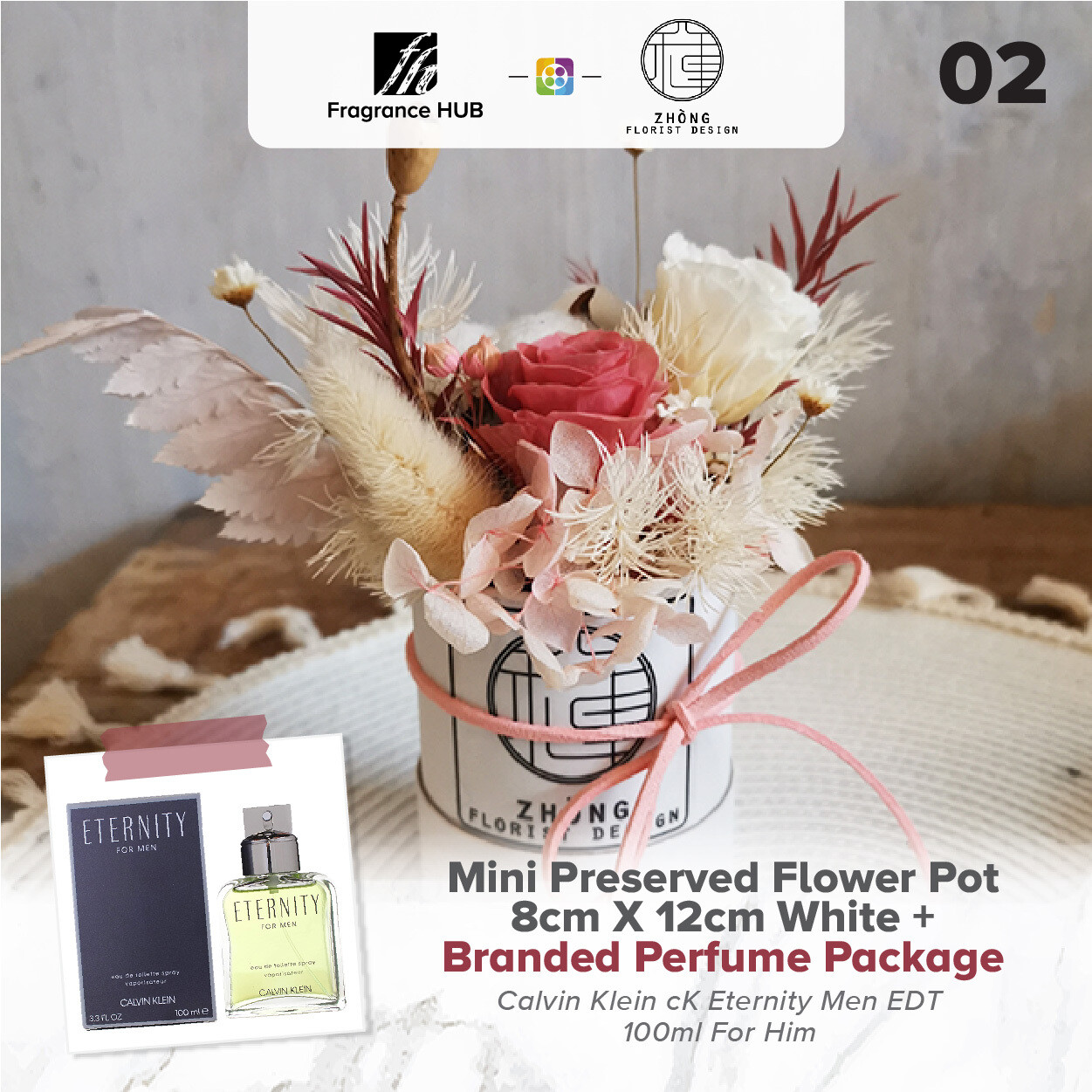 Mini Preserved Flower Pot - White  + Fragrance Hub Branded Perfume (By: Zhong Florist from Penang)