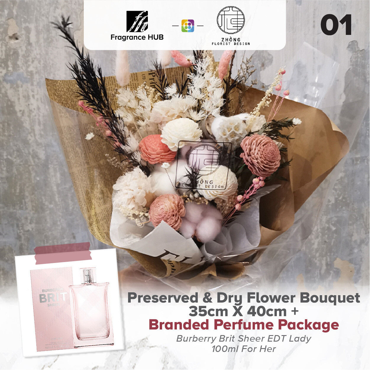 Preserved And Dry Flower Bouquet  + Fragrance Hub Branded Perfume (By: Zhong Florist from Penang)