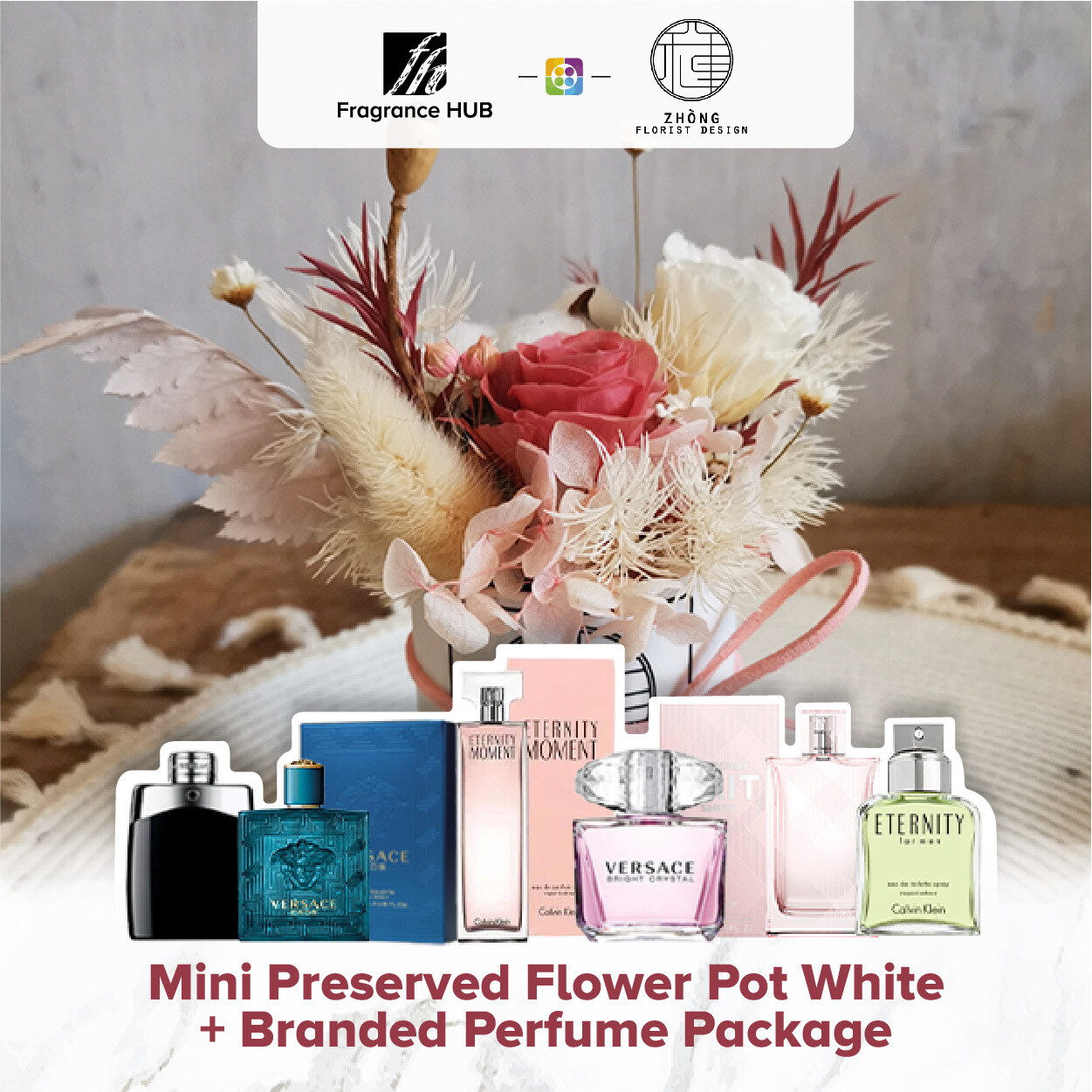 Mini Preserved Flower Pot - White  + Fragrance Hub Branded Perfume (By: Zhong Florist from Penang)