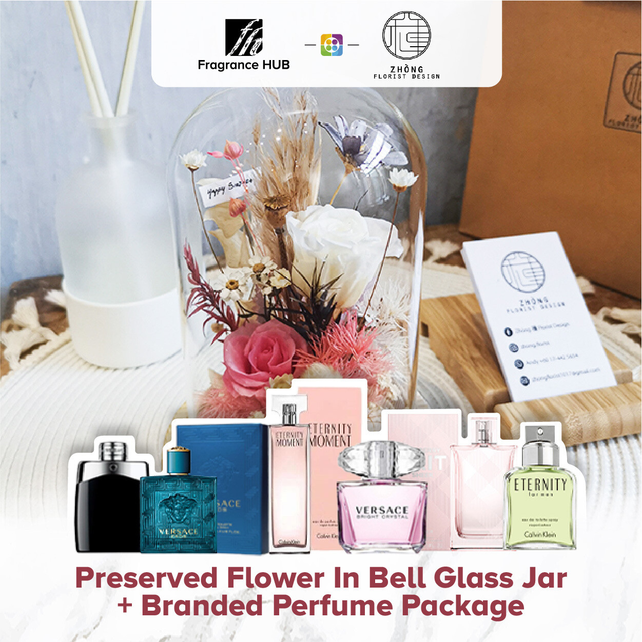 Preserved Flower In Bell Glass Jar  + Fragrance Hub Branded Perfume (By: Zhong Florist from Penang)