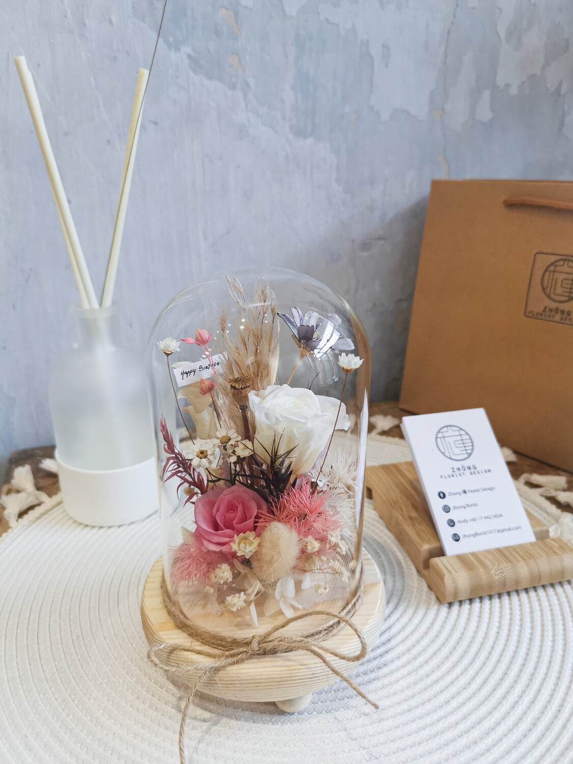 Preserved Flower In Bell Glass Jar  (By: Zhong Florist from Penang)
