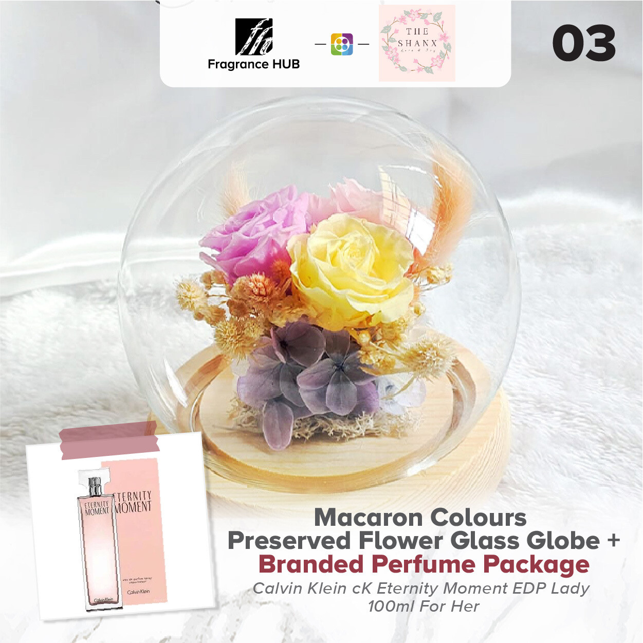 Macaron Colours Preserved Flower Glass Globe + Fragrance Hub Branded Perfume (By: The Shanx Florist from Melaka)