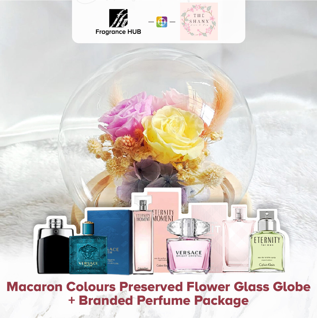 Macaron Colours Preserved Flower Glass Globe + Fragrance Hub Branded Perfume (By: The Shanx Florist from Melaka)