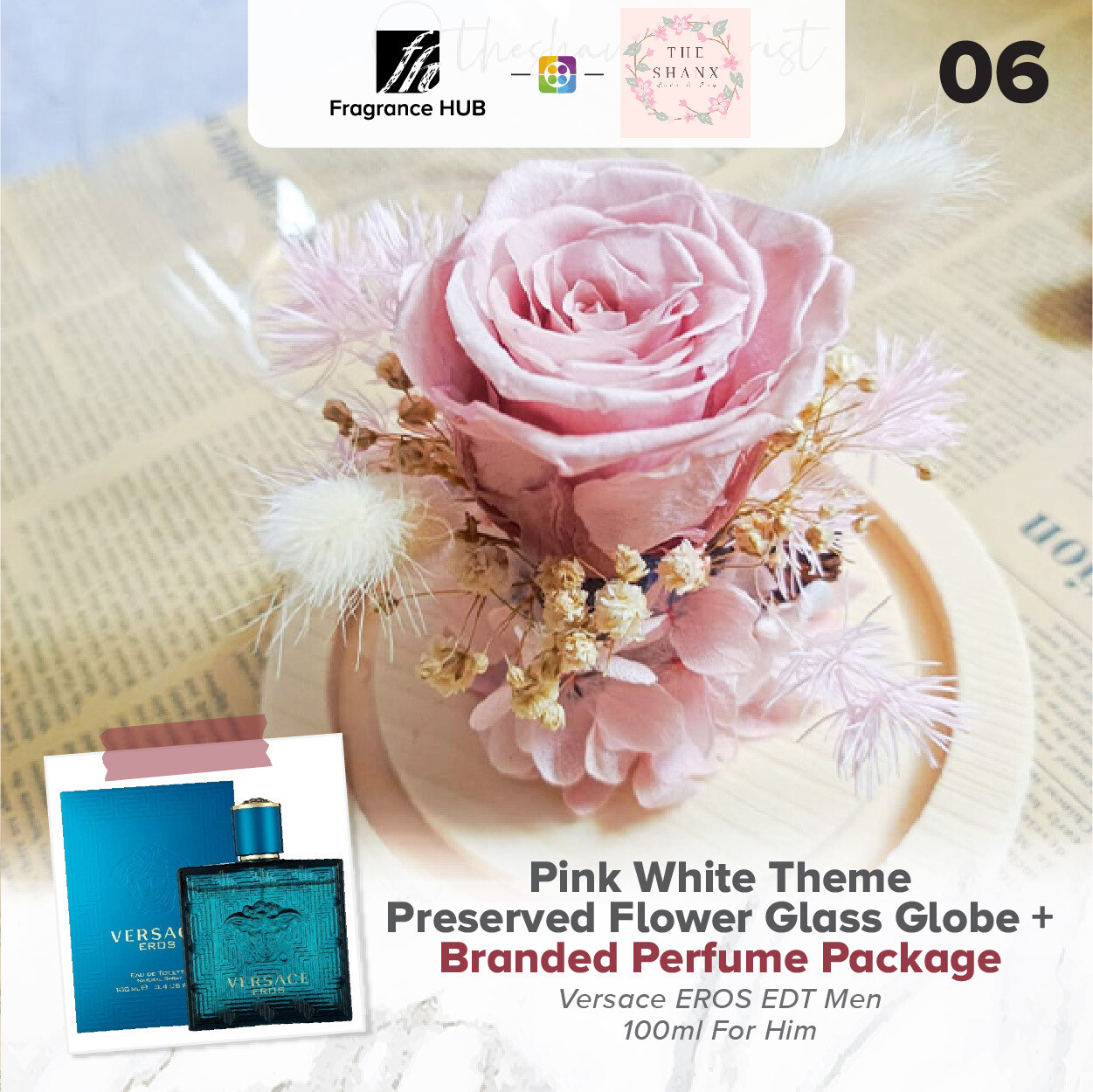 Pink White Theme Preserved Flower Glass Globe + Fragrance Hub Branded Perfume (By: The Shanx Florist from Melaka)