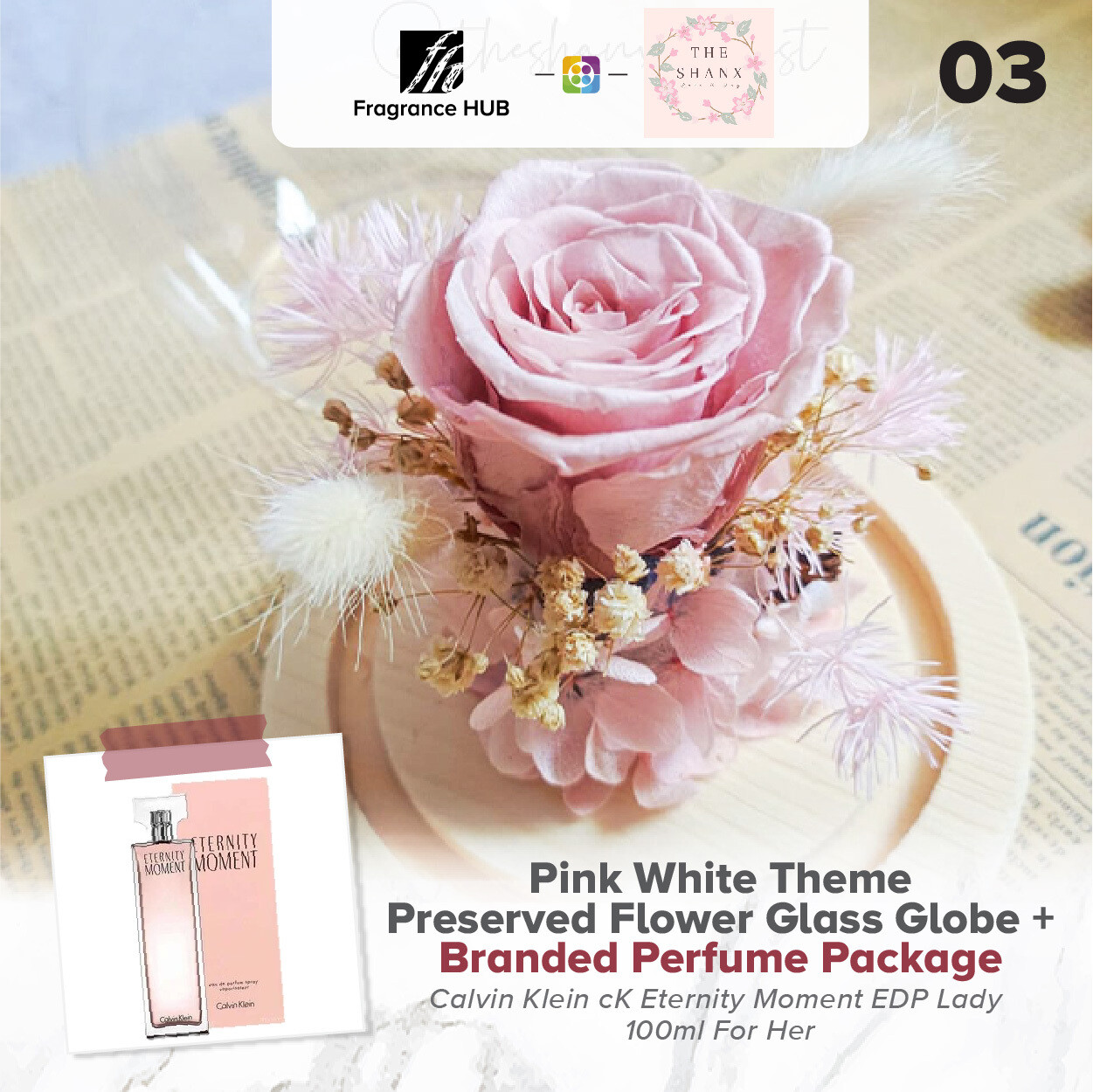 Pink White Theme Preserved Flower Glass Globe + Fragrance Hub Branded Perfume (By: The Shanx Florist from Melaka)