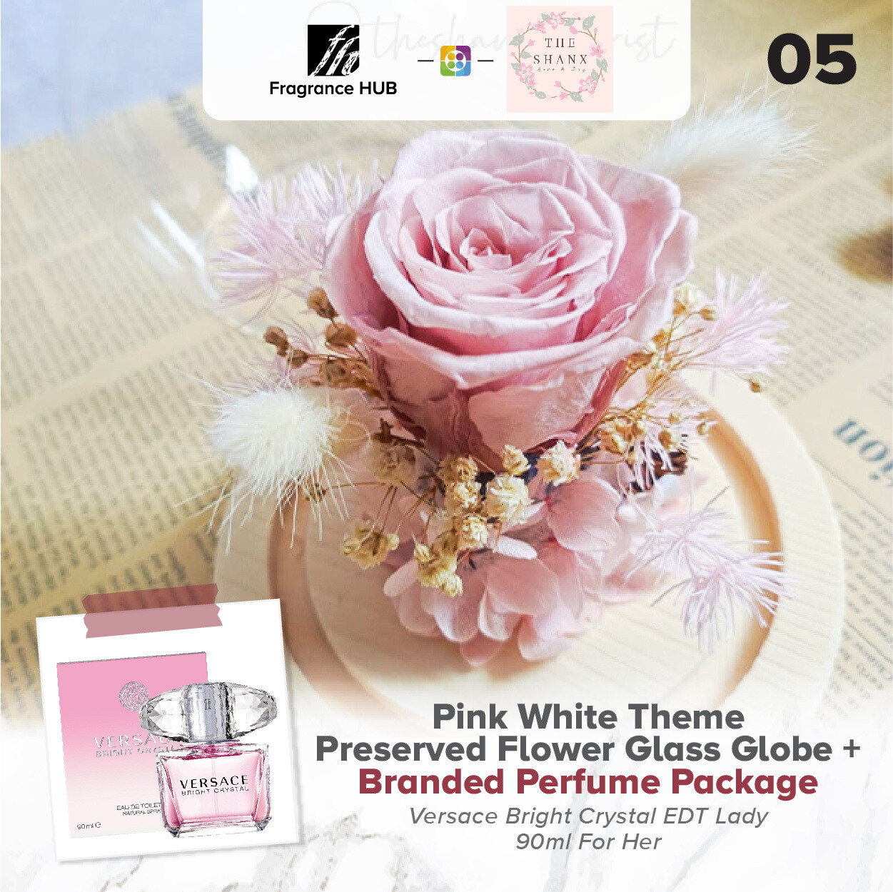 Pink White Theme Preserved Flower Glass Globe + Fragrance Hub Branded Perfume (By: The Shanx Florist from Melaka)
