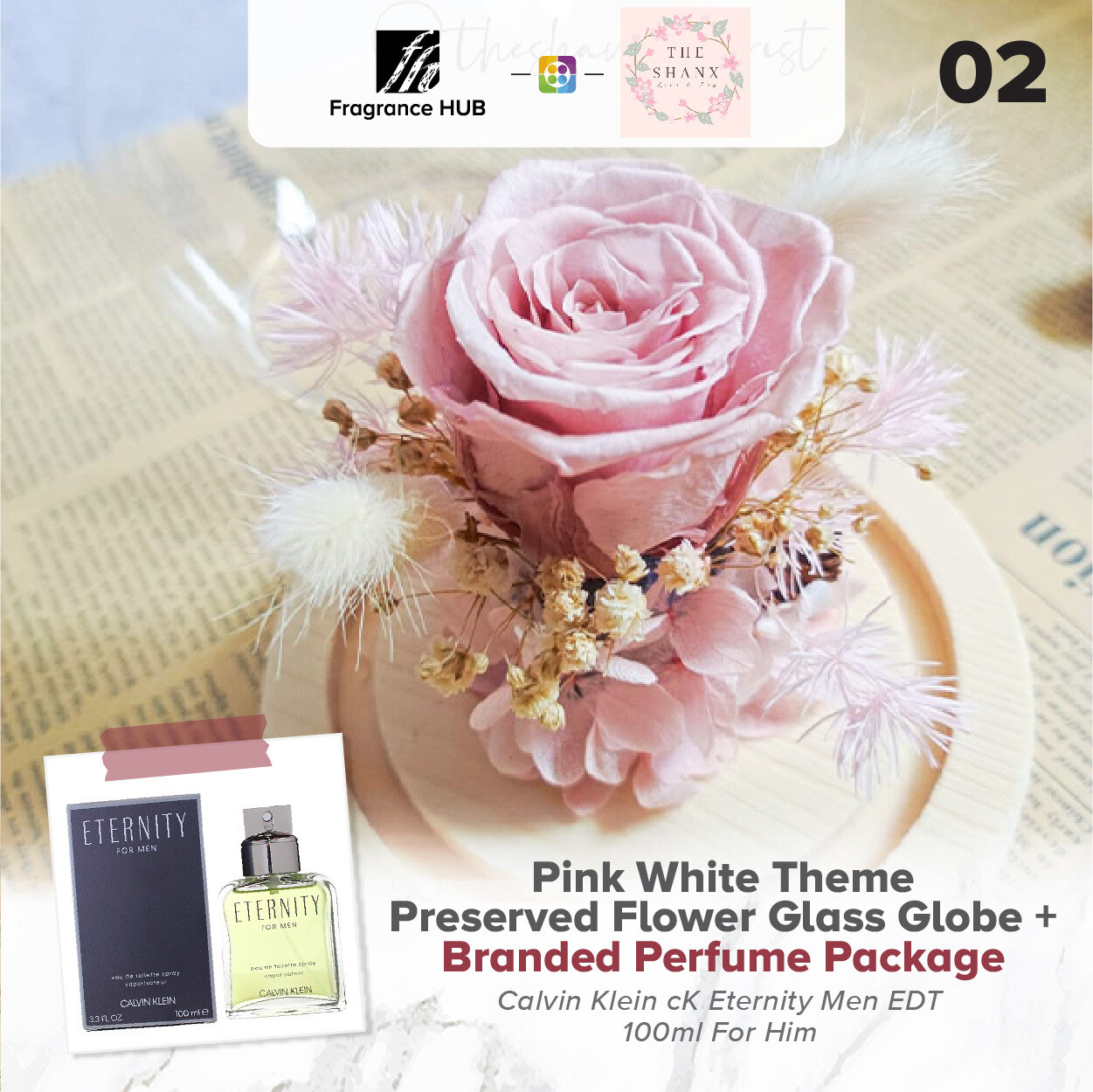 Pink White Theme Preserved Flower Glass Globe + Fragrance Hub Branded Perfume (By: The Shanx Florist from Melaka)
