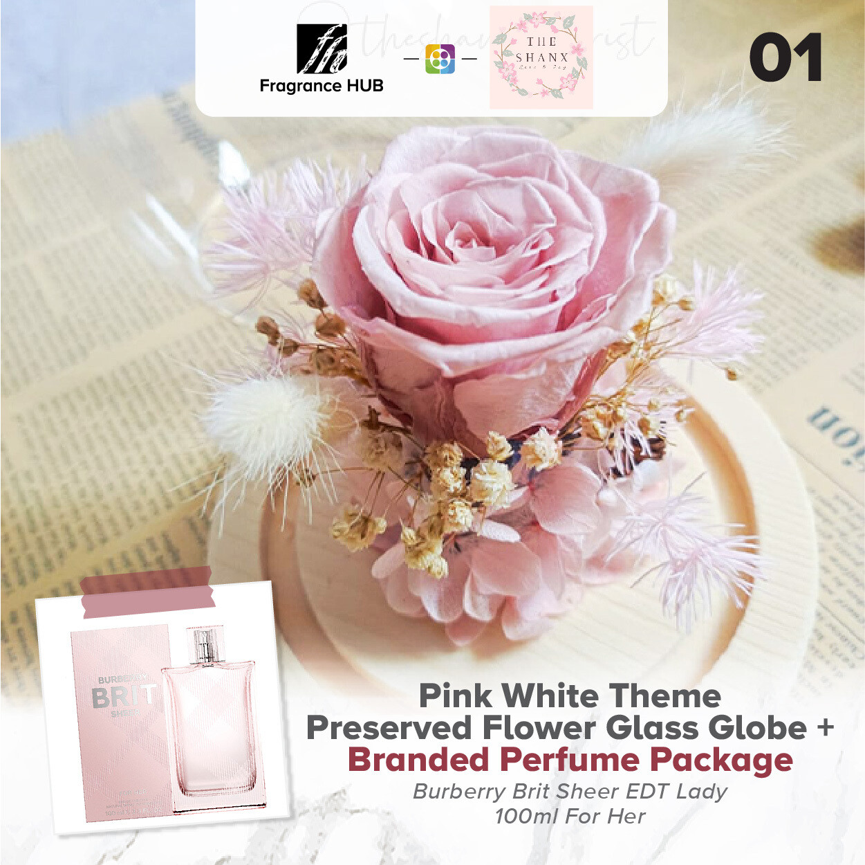 Pink White Theme Preserved Flower Glass Globe + Fragrance Hub Branded Perfume (By: The Shanx Florist from Melaka)