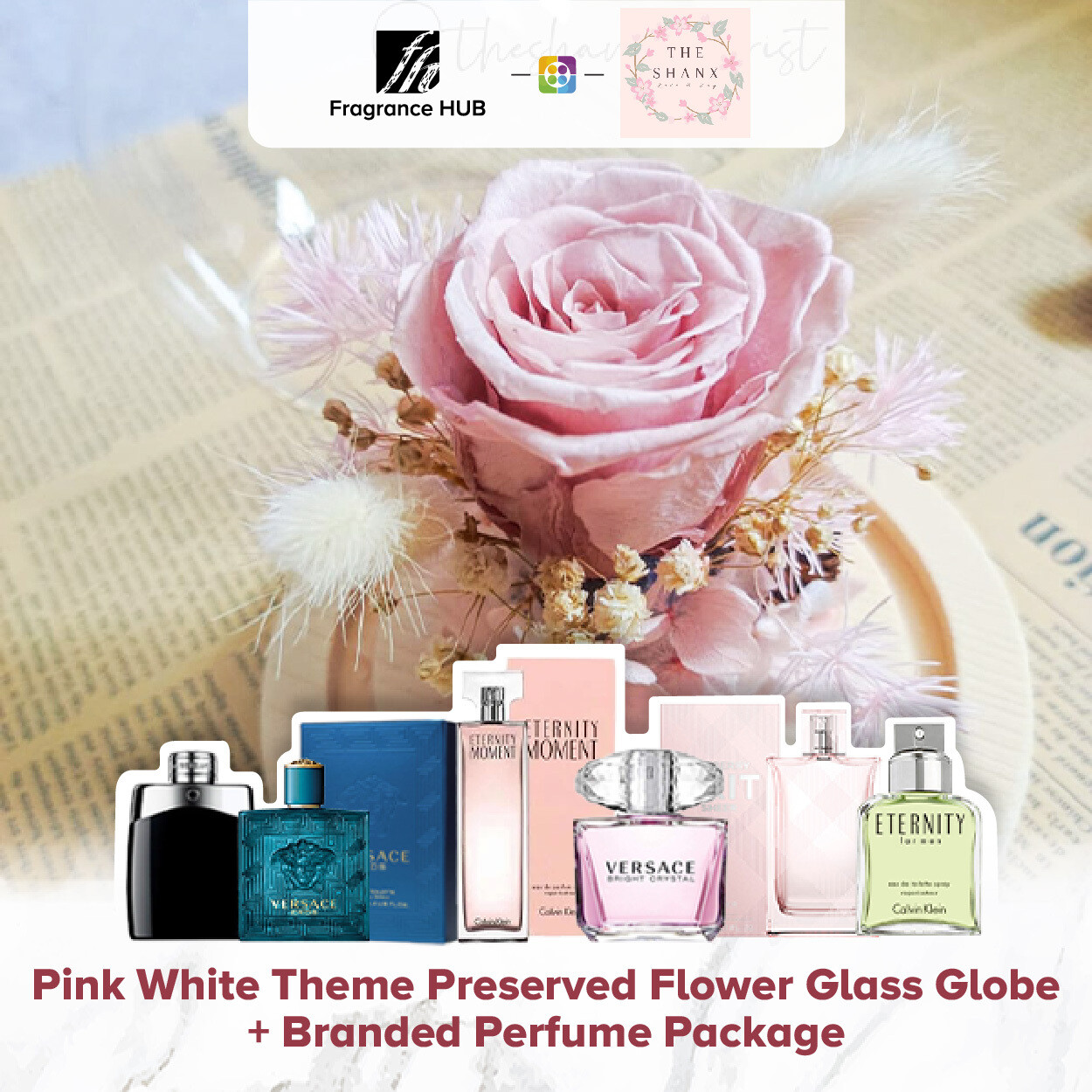 Pink White Theme Preserved Flower Glass Globe + Fragrance Hub Branded Perfume (By: The Shanx Florist from Melaka)