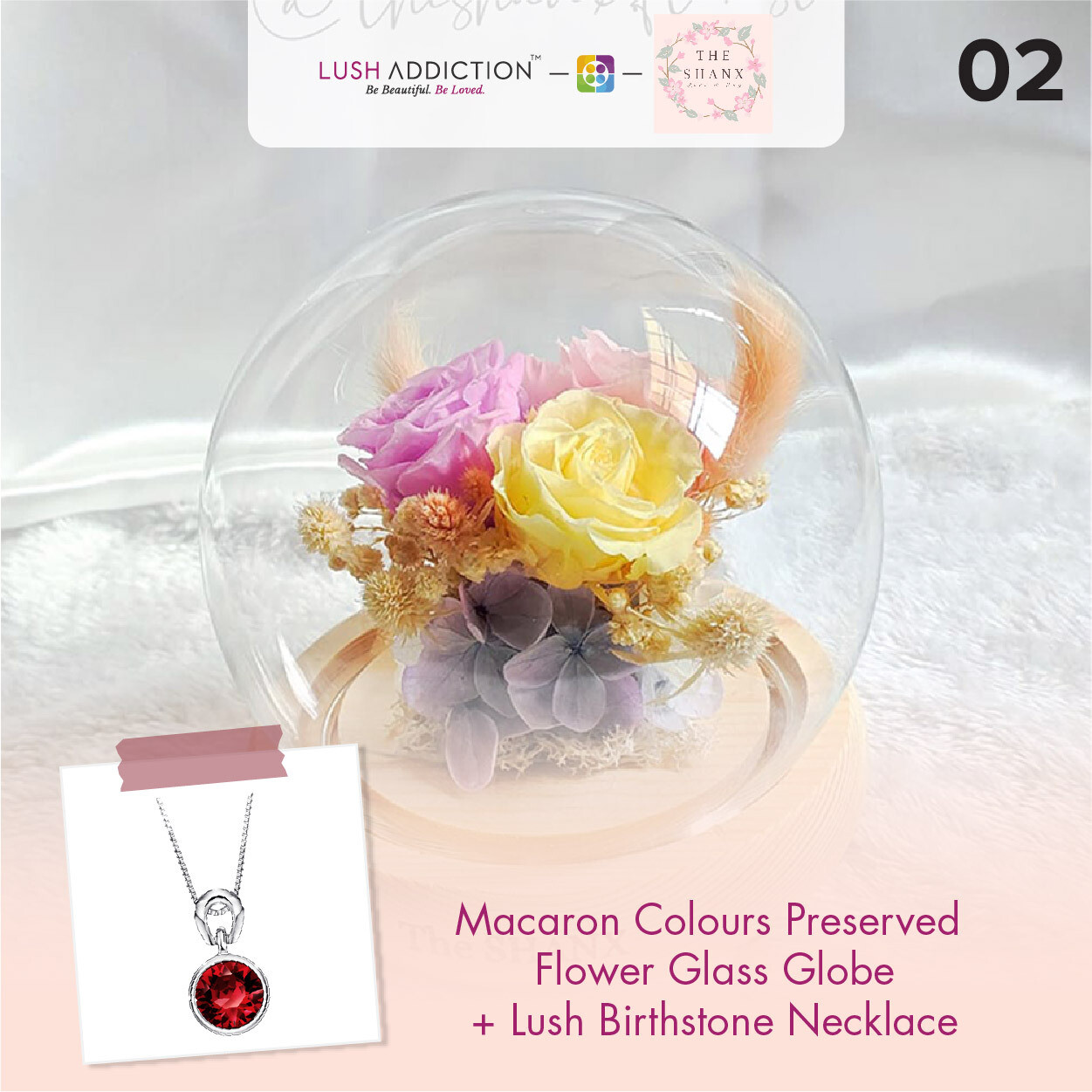 Macaron Colours Preserved Flower Glass Globe + Lush Addiction Necklace (By: The Shanx Florist from Melacca)