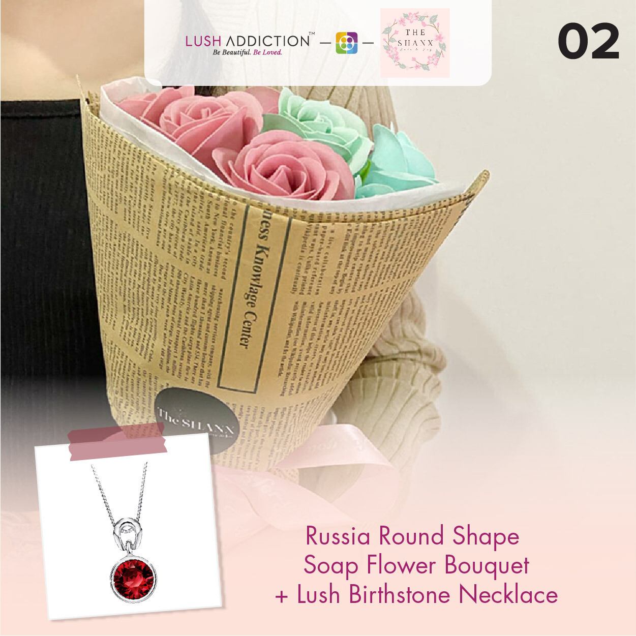 Russia Round Shape Soap Flower Bouquet + Lush Addiction Necklace (By: The Shanx Florist from Melacca)