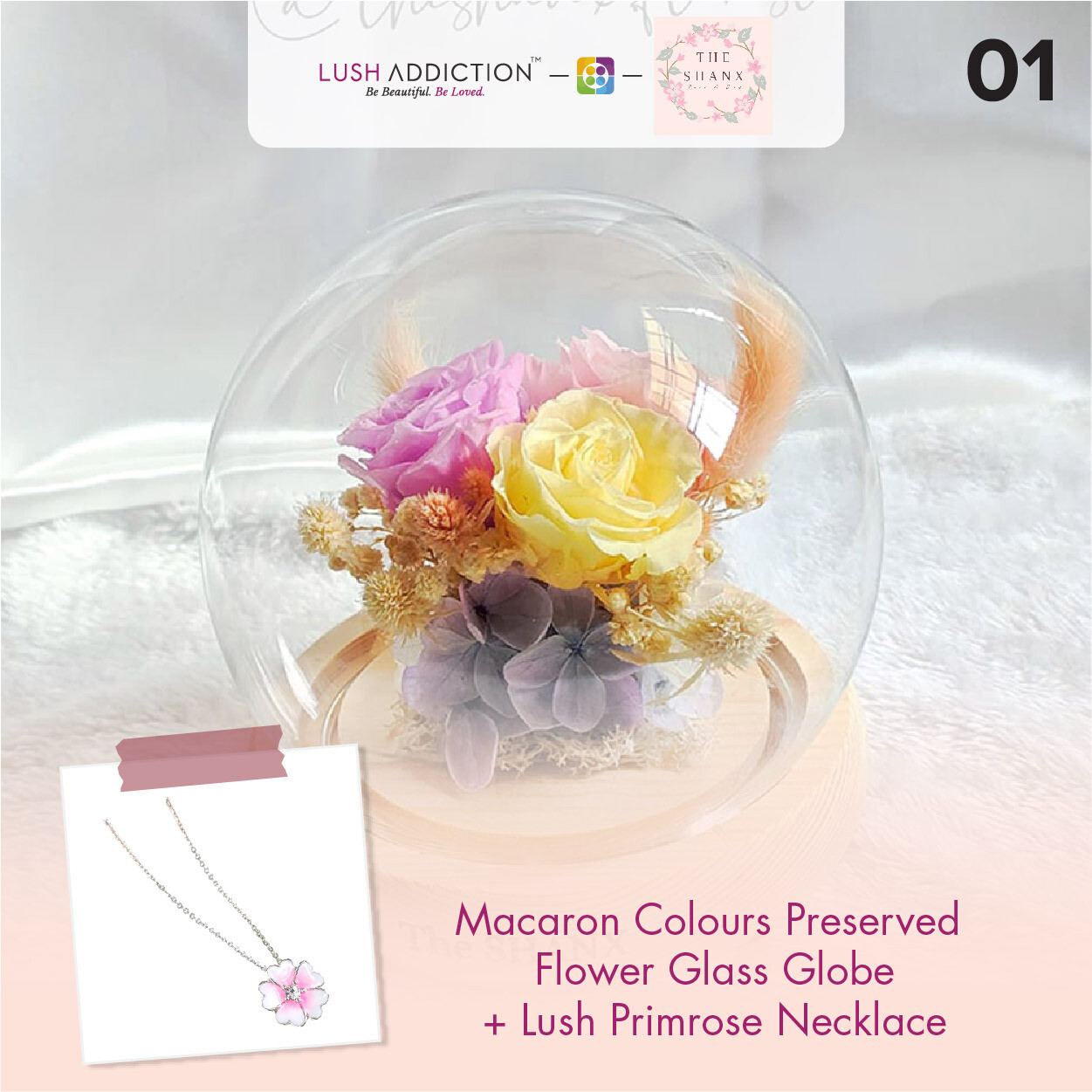 Macaron Colours Preserved Flower Glass Globe + Lush Addiction Necklace (By: The Shanx Florist from Melacca)