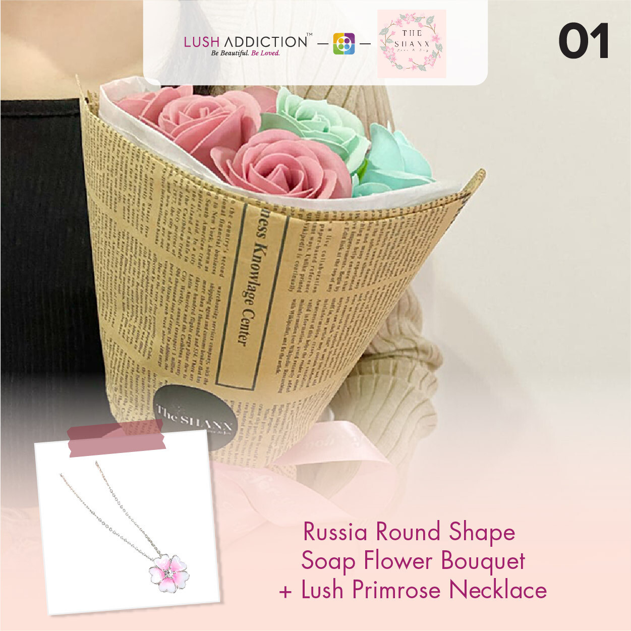 Russia Round Shape Soap Flower Bouquet + Lush Addiction Necklace (By: The Shanx Florist from Melacca)