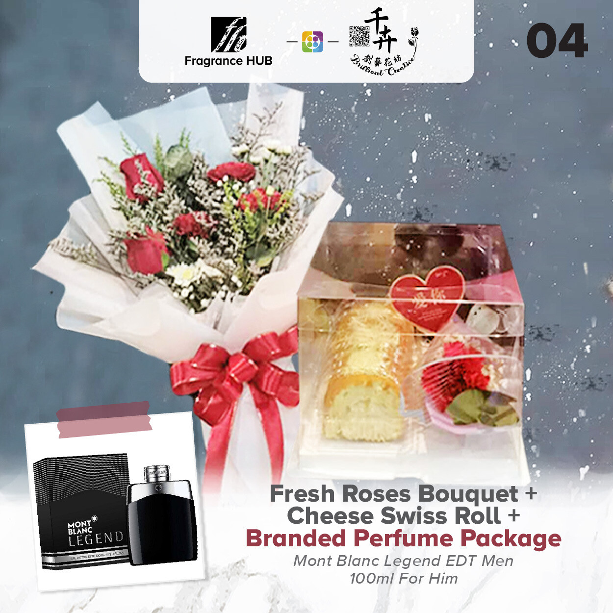 Fresh Roses Bouquet with Cheese Swiss Roll + Fragrance Hub Branded Perfume (By: Brilliant Creative Florist from Sibu)